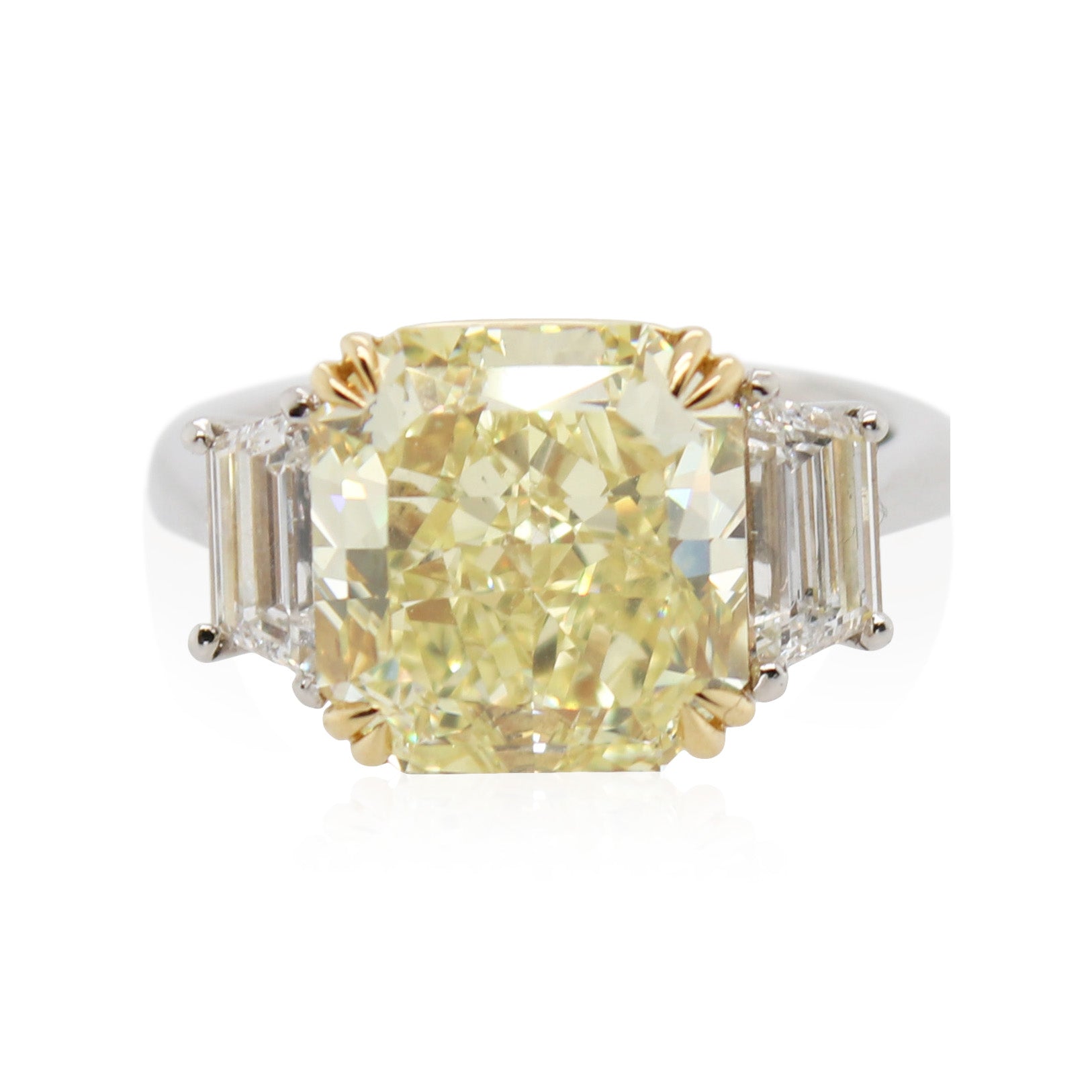 Diamonds of Wonder 8.04ct Radiant Cut Fancy Intense Yellow Diamond 3 Stone Ring