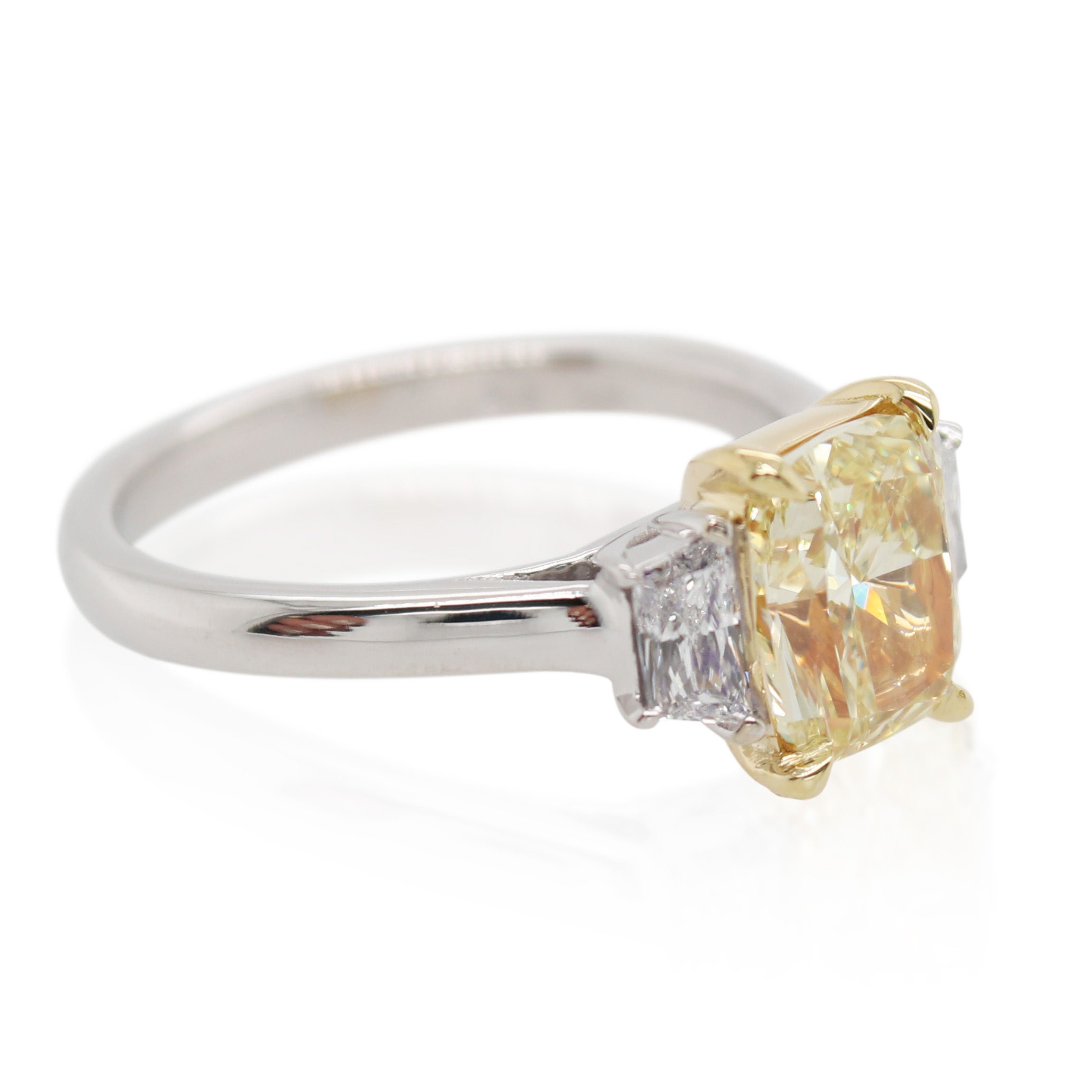 2.11ct Cushion Cut Fancy Yellow 3 Stone Diamond Ring