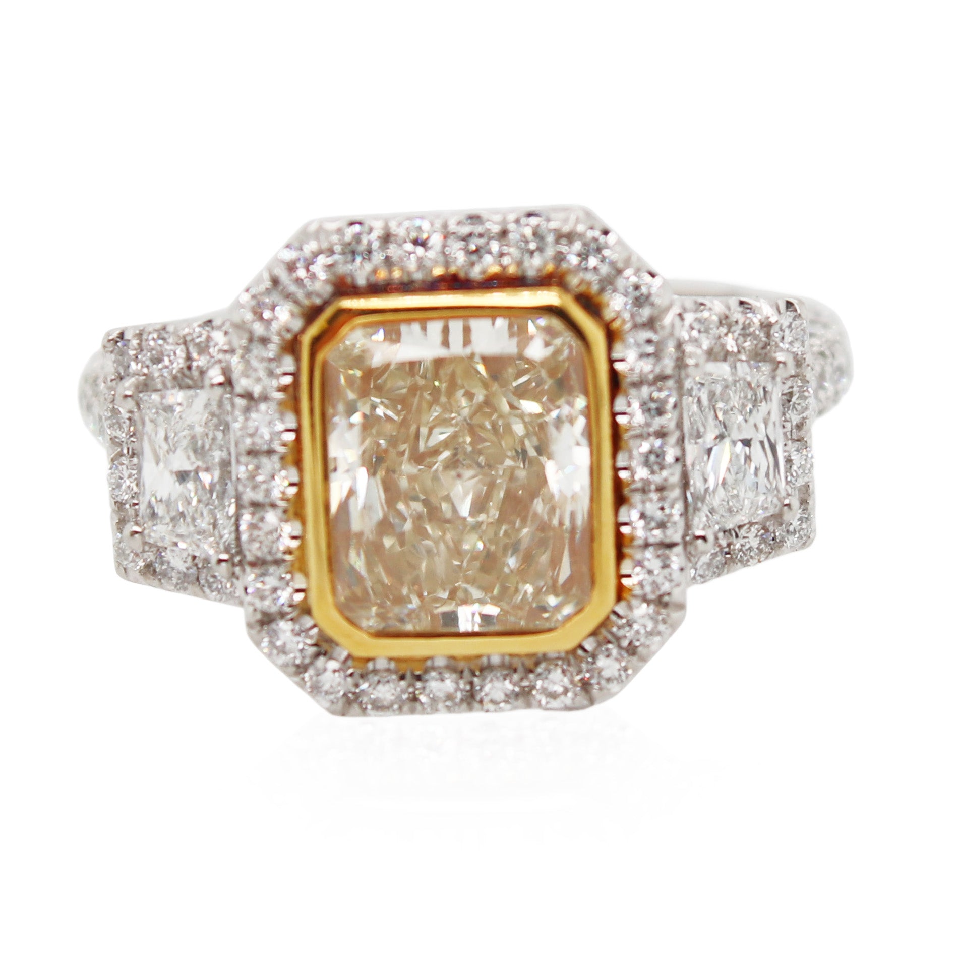 2.32ct Radiant Fancy Light Yellow Diamond 3 Stone Ring