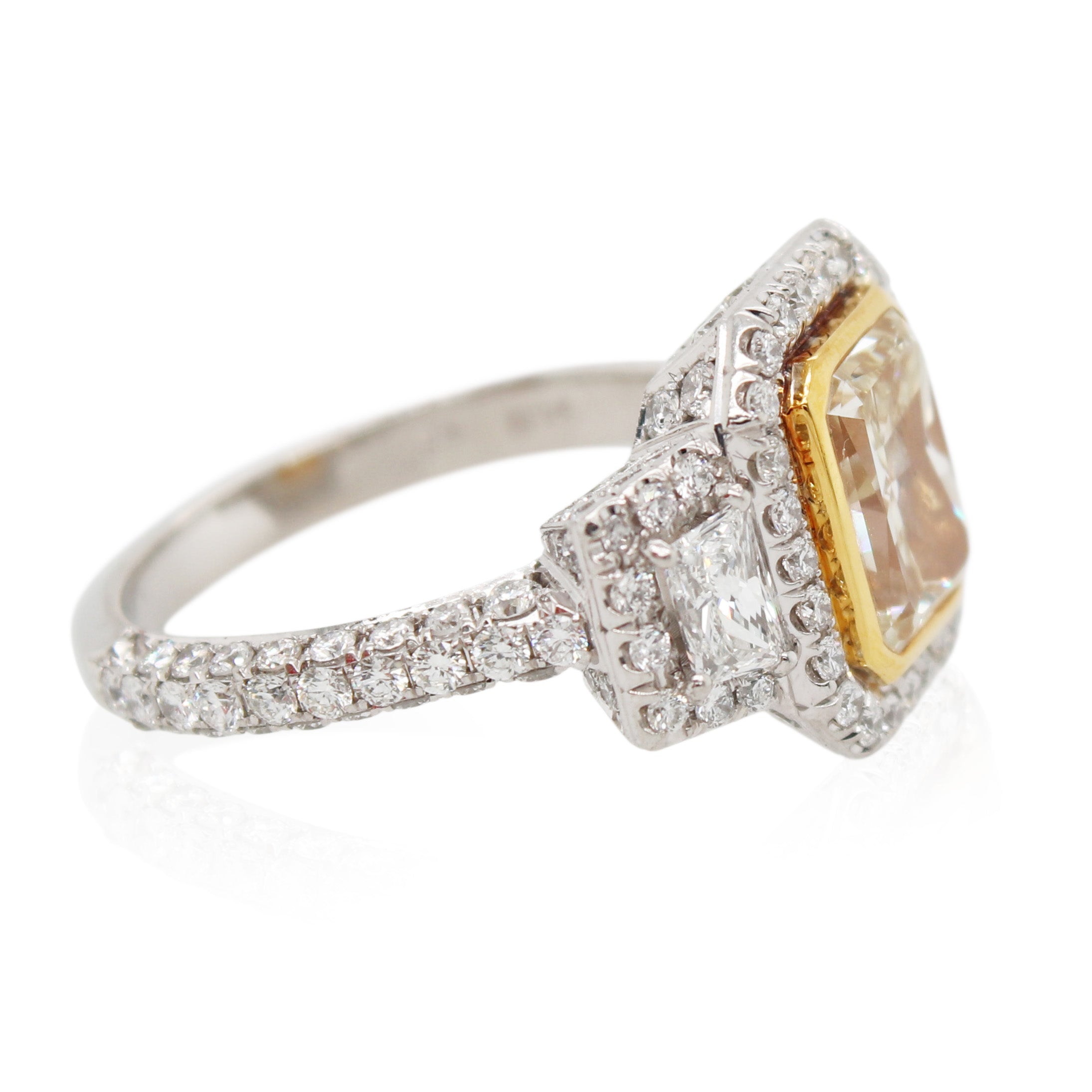 2.32ct Radiant Fancy Light Yellow Diamond 3 Stone Ring