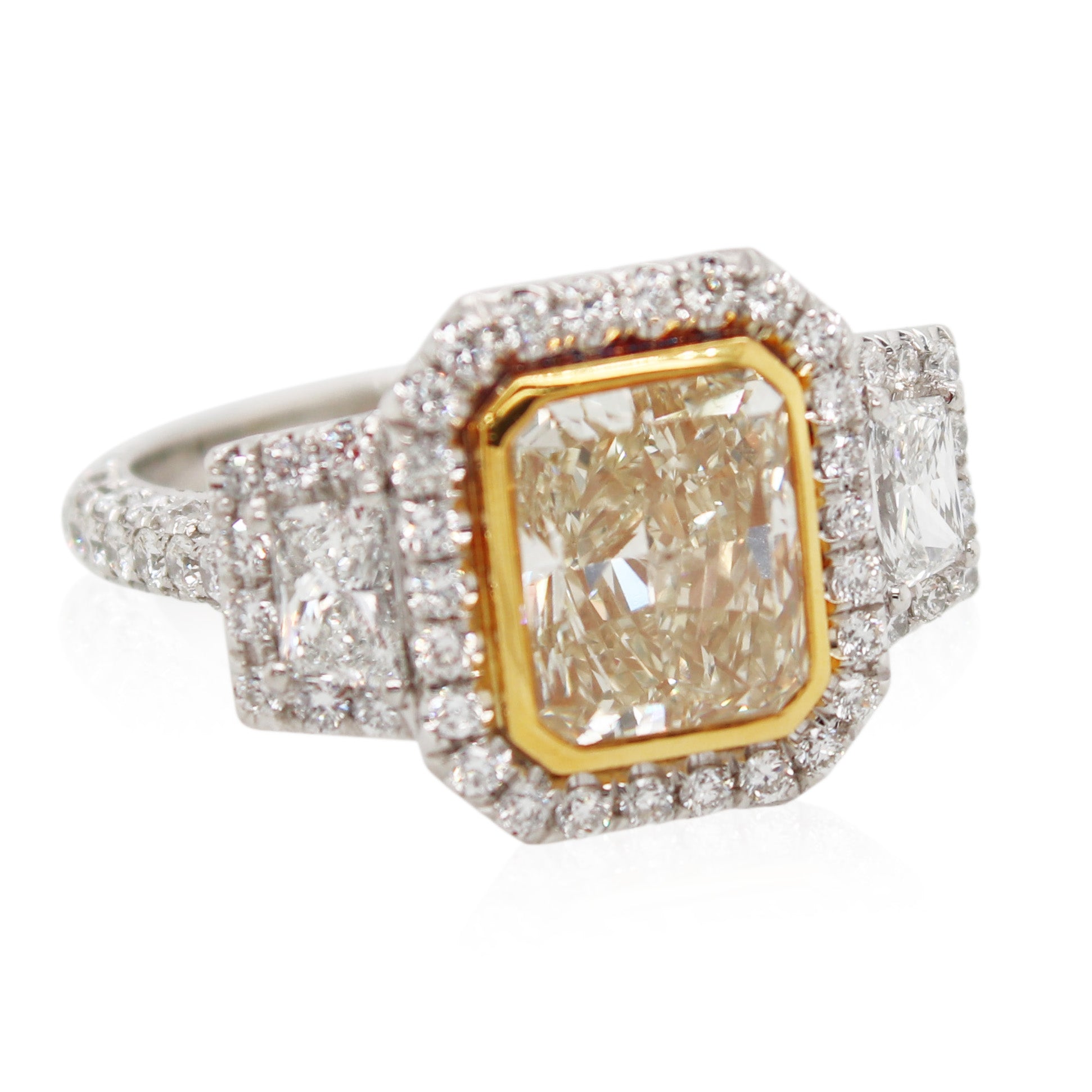 2.32ct Radiant Fancy Light Yellow Diamond 3 Stone Ring