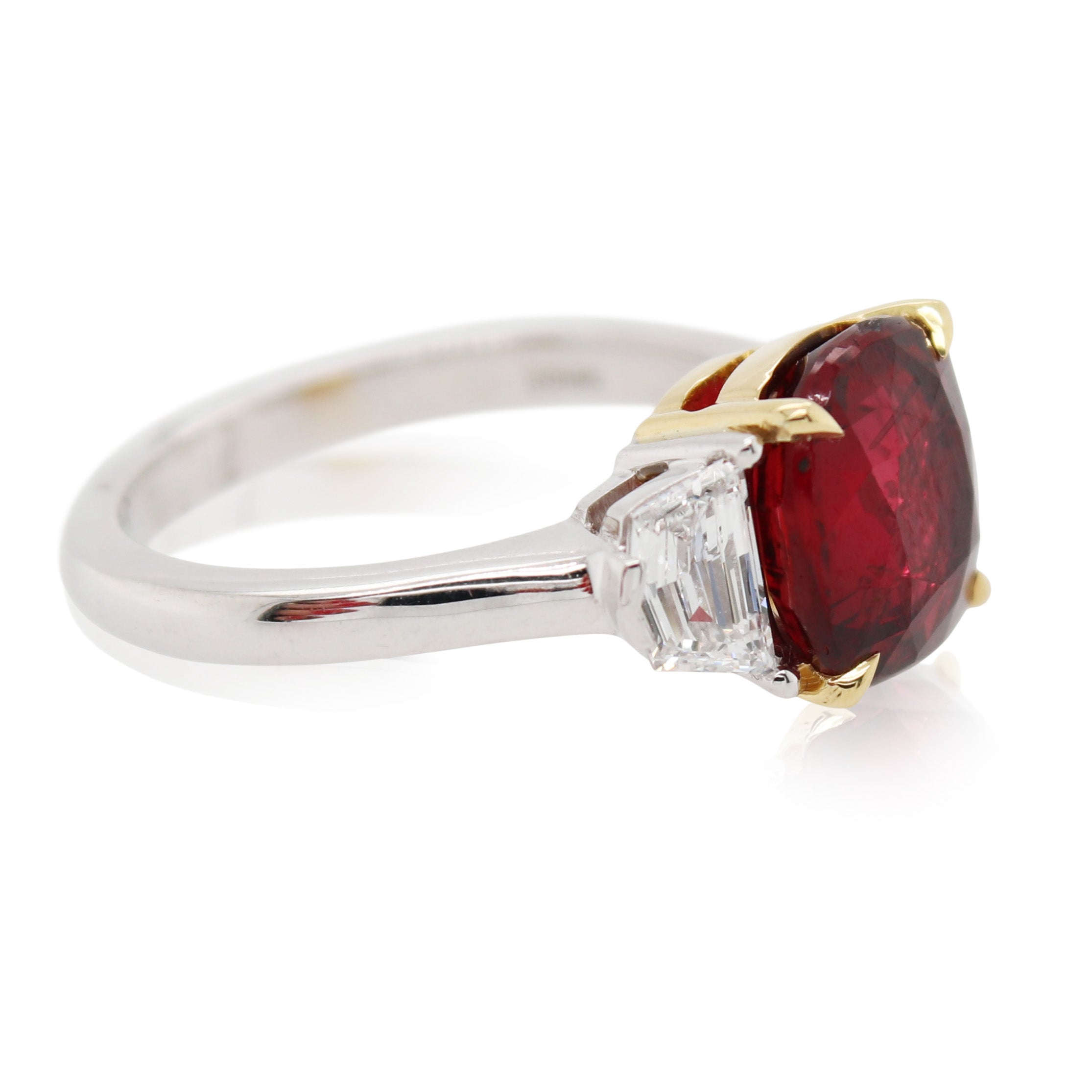 4.04ct Cushion Cut Ruby Three Stone Ring