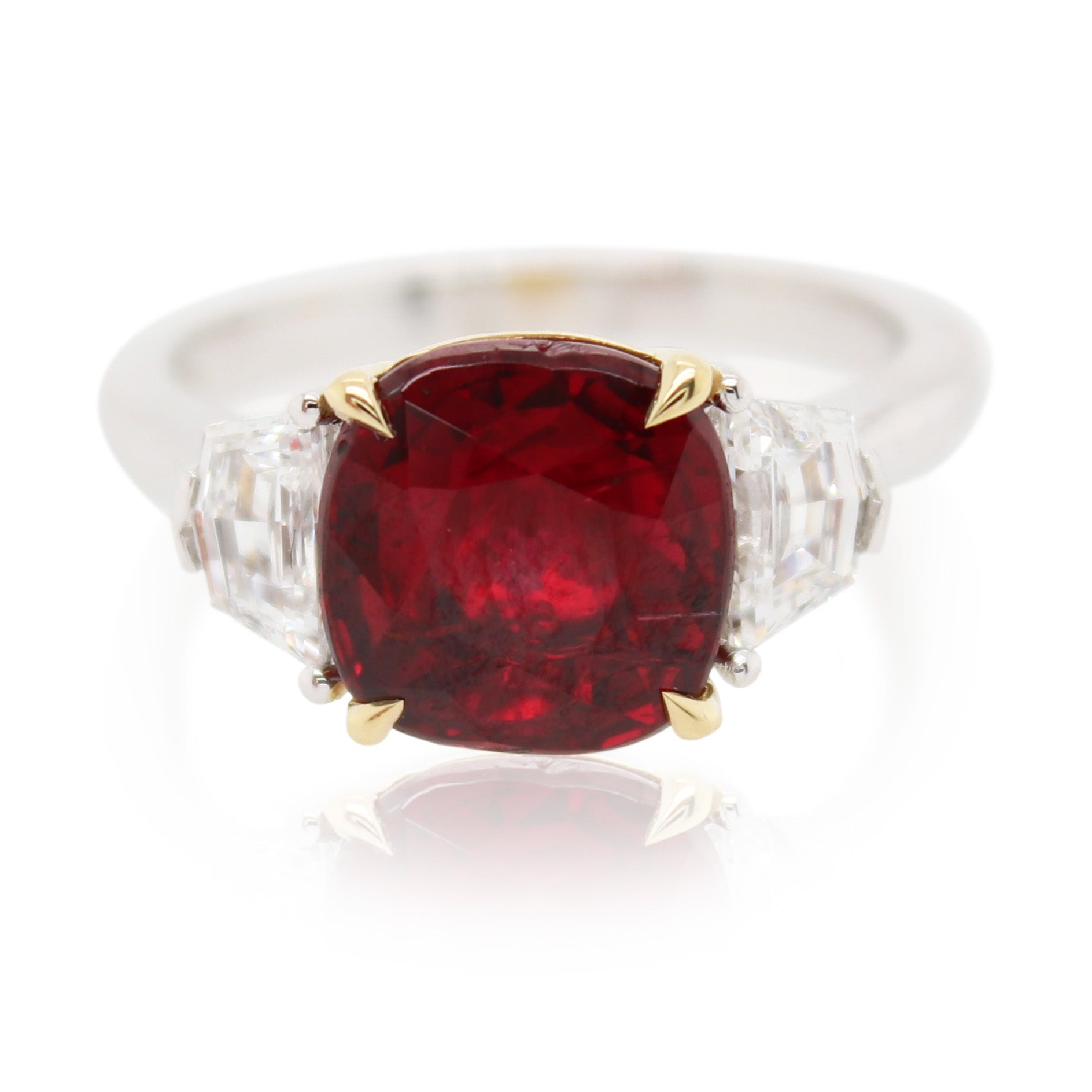 4.04ct Cushion Cut Ruby Three Stone Ring