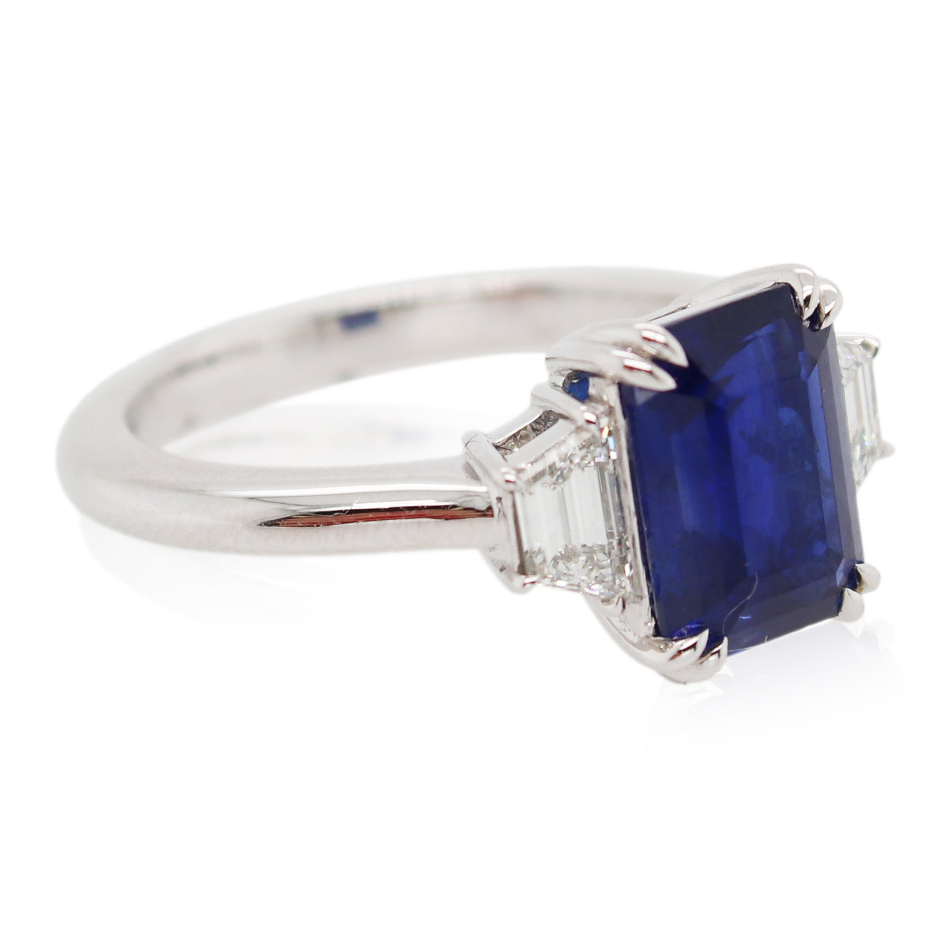 3.06ct Emerald Cut Sapphire and Diamond 3 Stone Ring