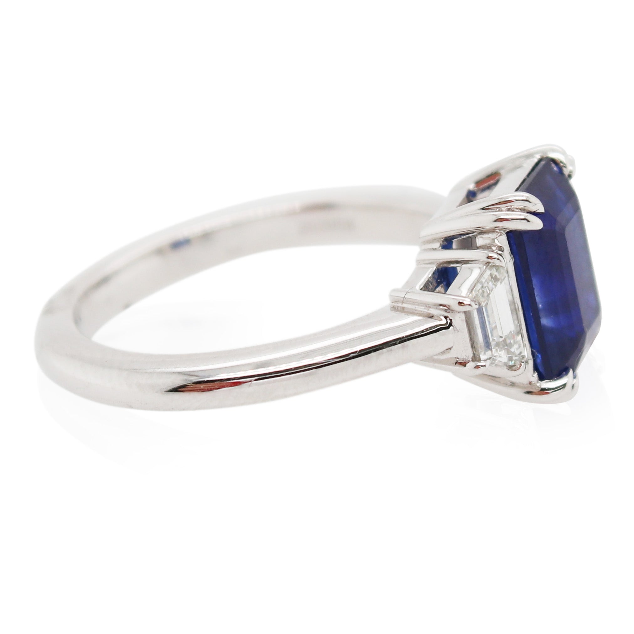 3.06ct Emerald Cut Sapphire and Diamond 3 Stone Ring