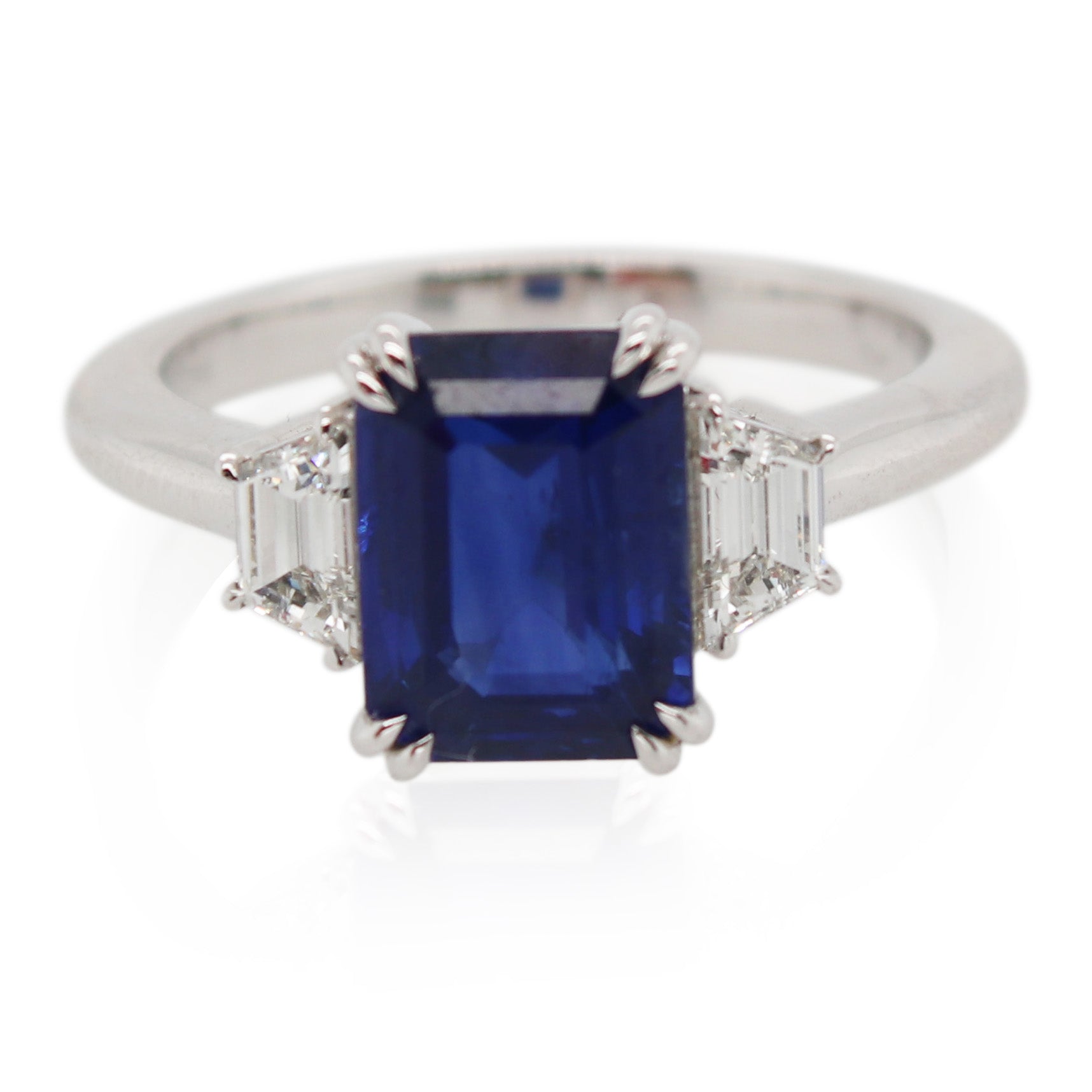 3.06ct Emerald Cut Sapphire and Diamond 3 Stone Ring