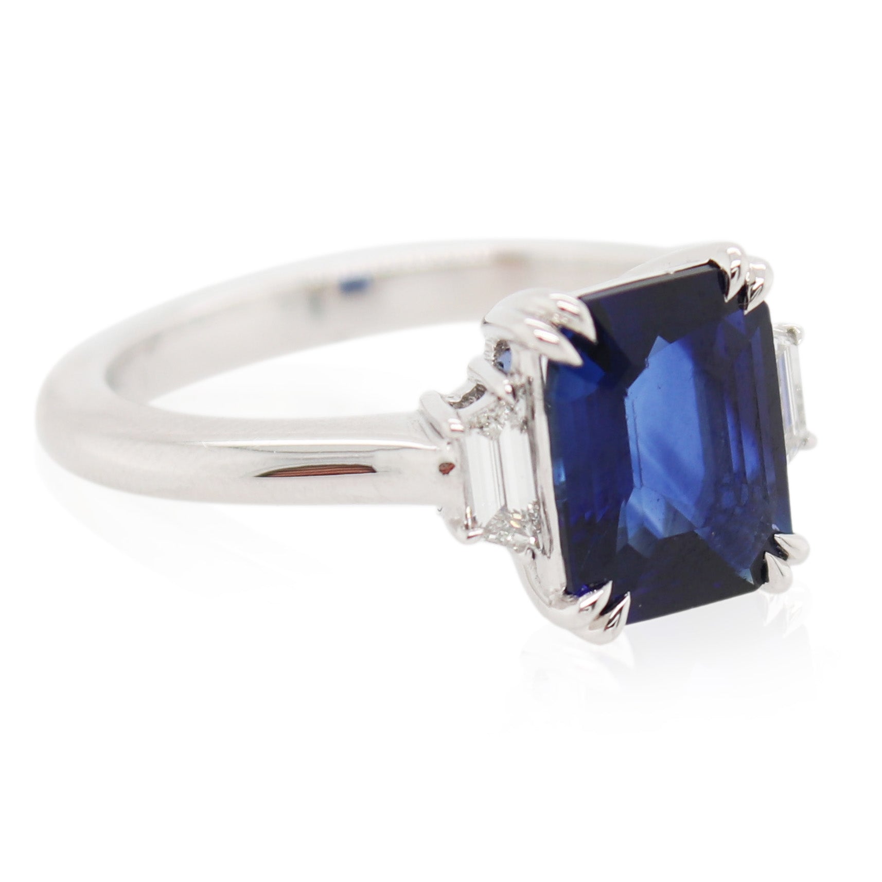 2.35ct Emerald Cut Sapphire and Diamond 3 Stone Ring