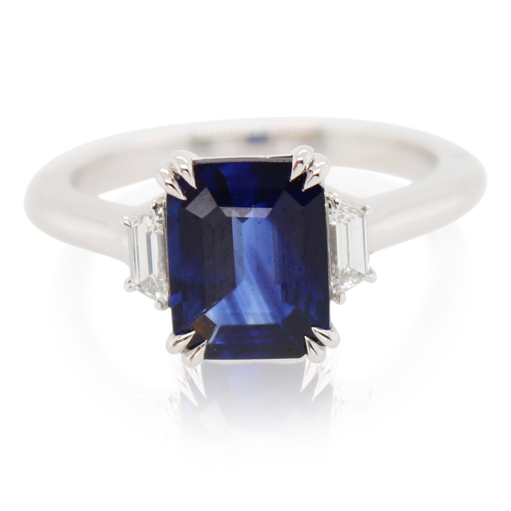 2.35ct Emerald Cut Sapphire and Diamond 3 Stone Ring