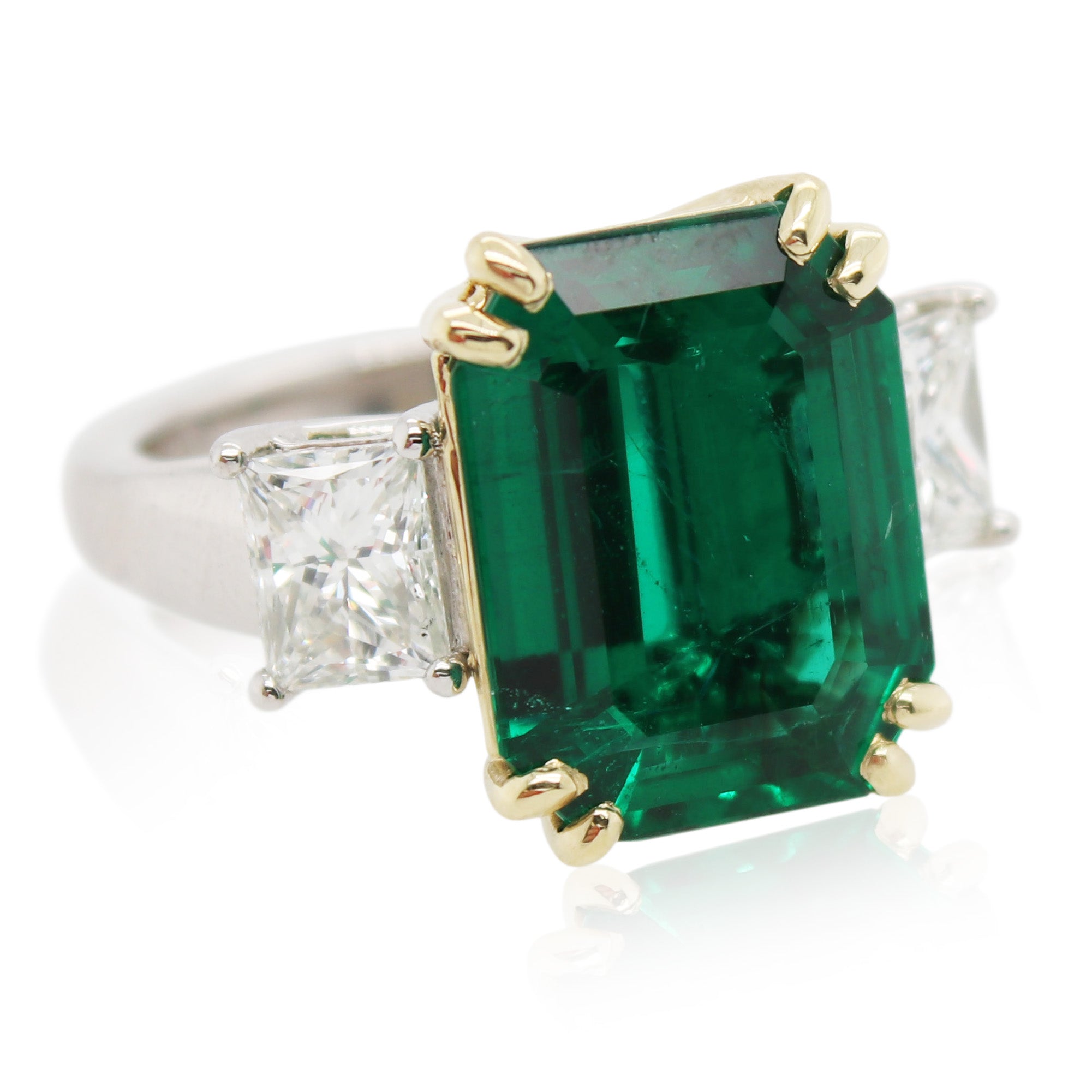 5.36ct Emerald Cut Zambian Emerald and Diamond 3 Stone Ring