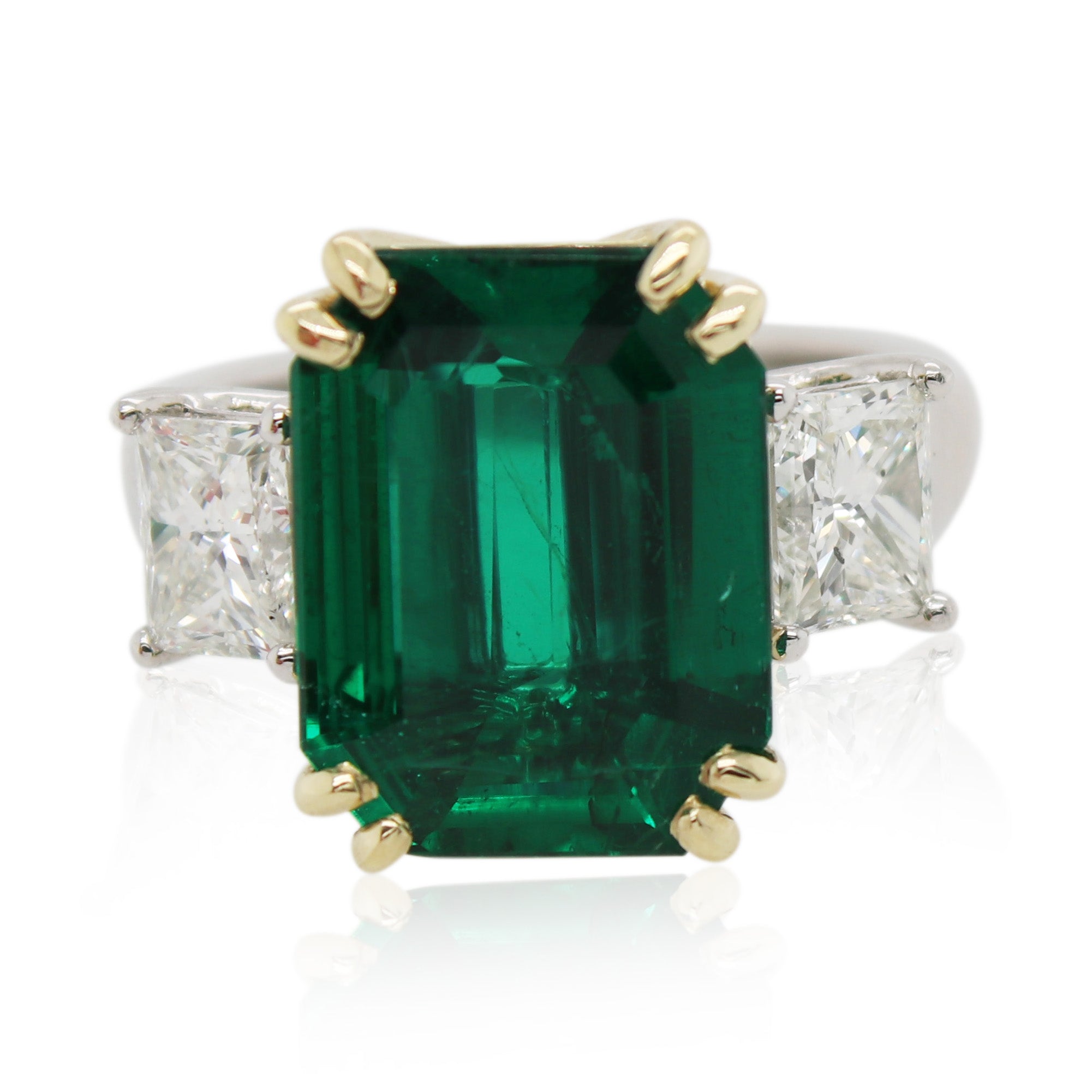 5.36ct Emerald Cut Zambian Emerald and Diamond 3 Stone Ring
