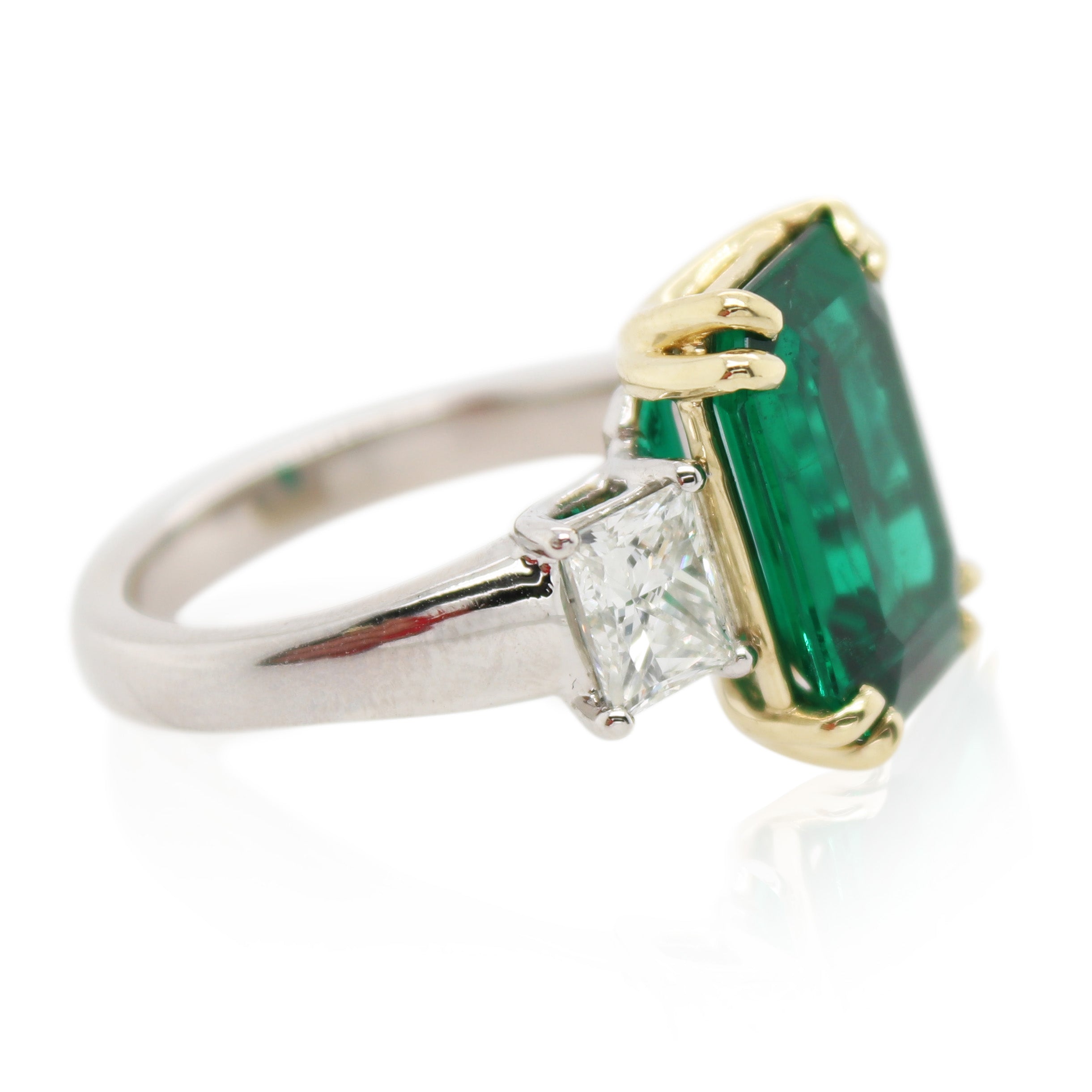 5.36ct Emerald Cut Zambian Emerald and Diamond 3 Stone Ring