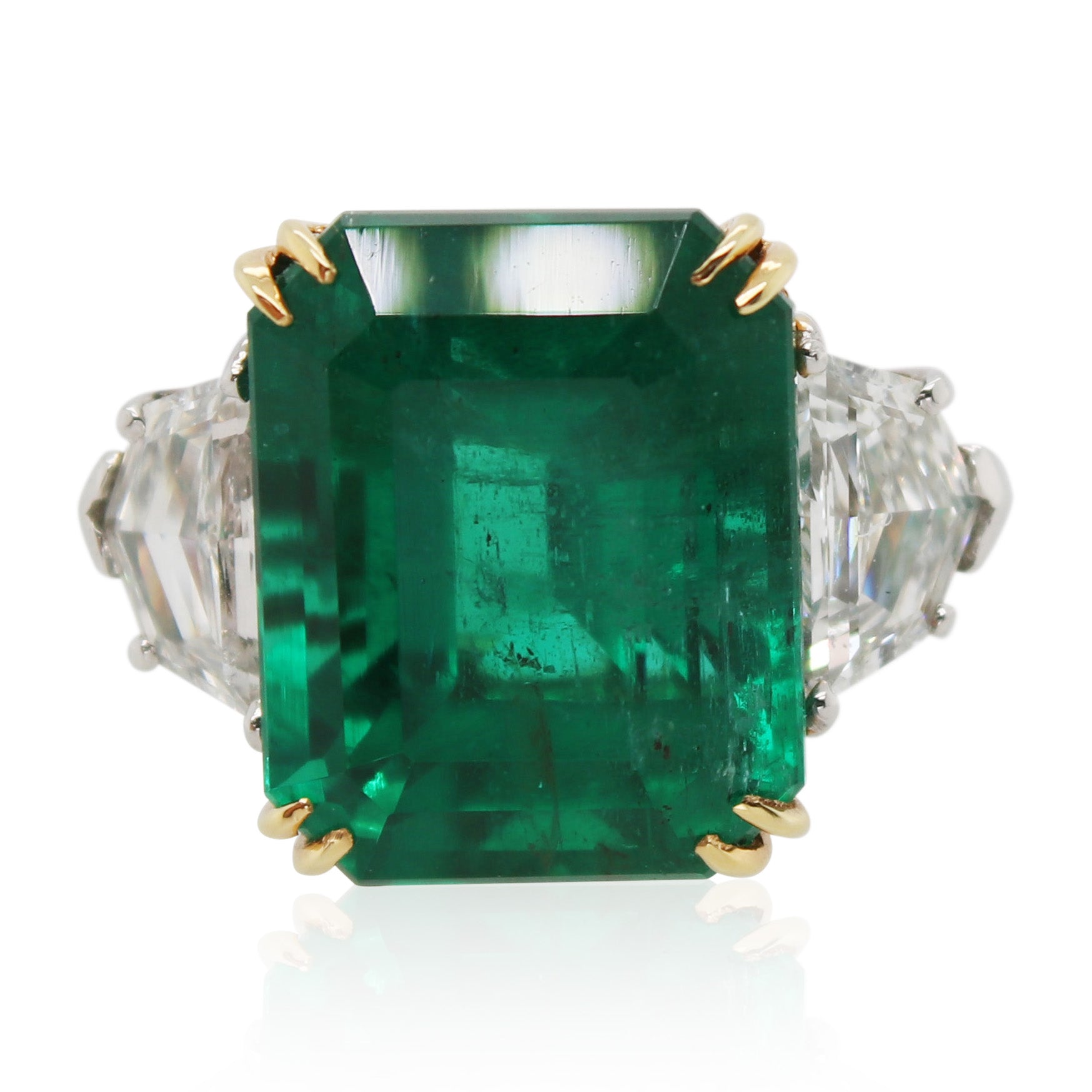 7.96ct Emerald Cut Emerald Three Stone Ring