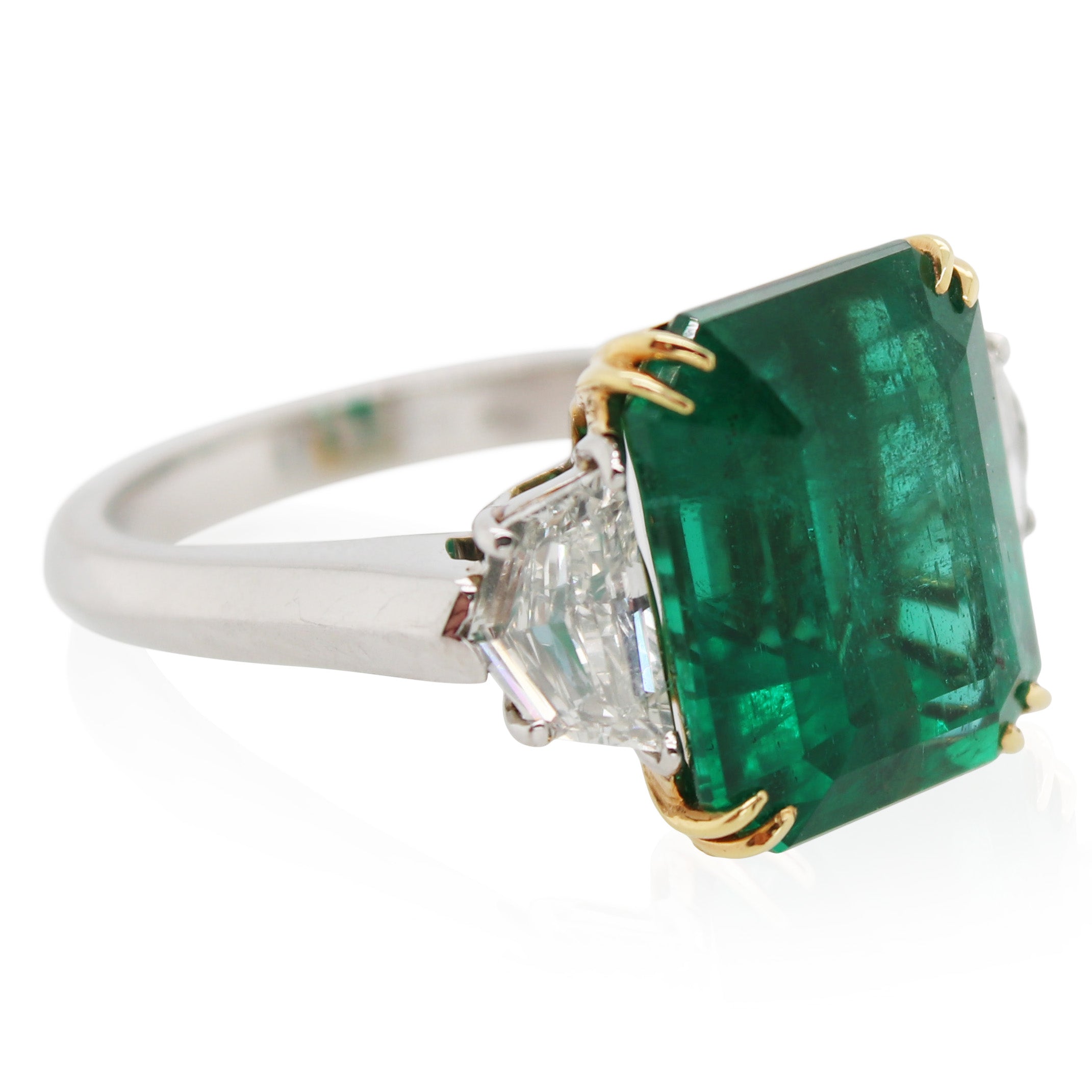 7.96ct Emerald Cut Emerald Three Stone Ring