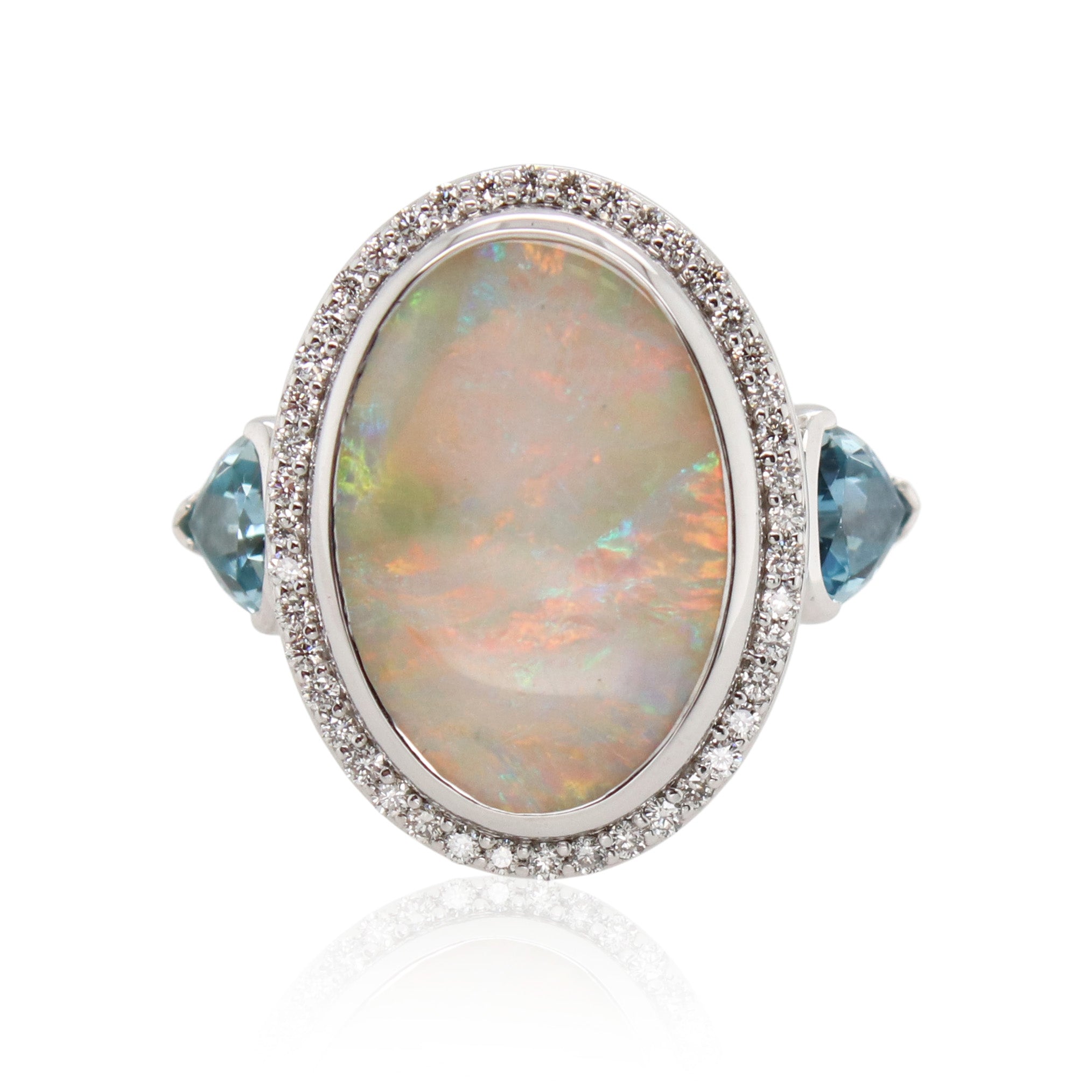 4.38ct Opal, Diamond, and Aquamarine Ring