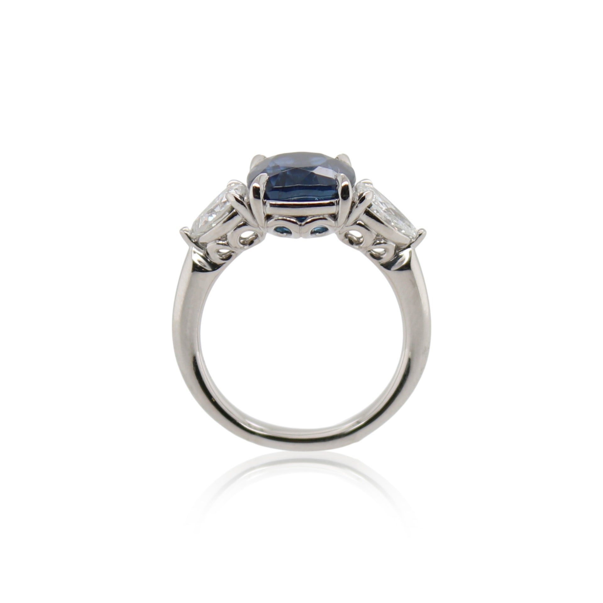 Cushion Cut Blue Sapphire and Diamond Three Stone Ring