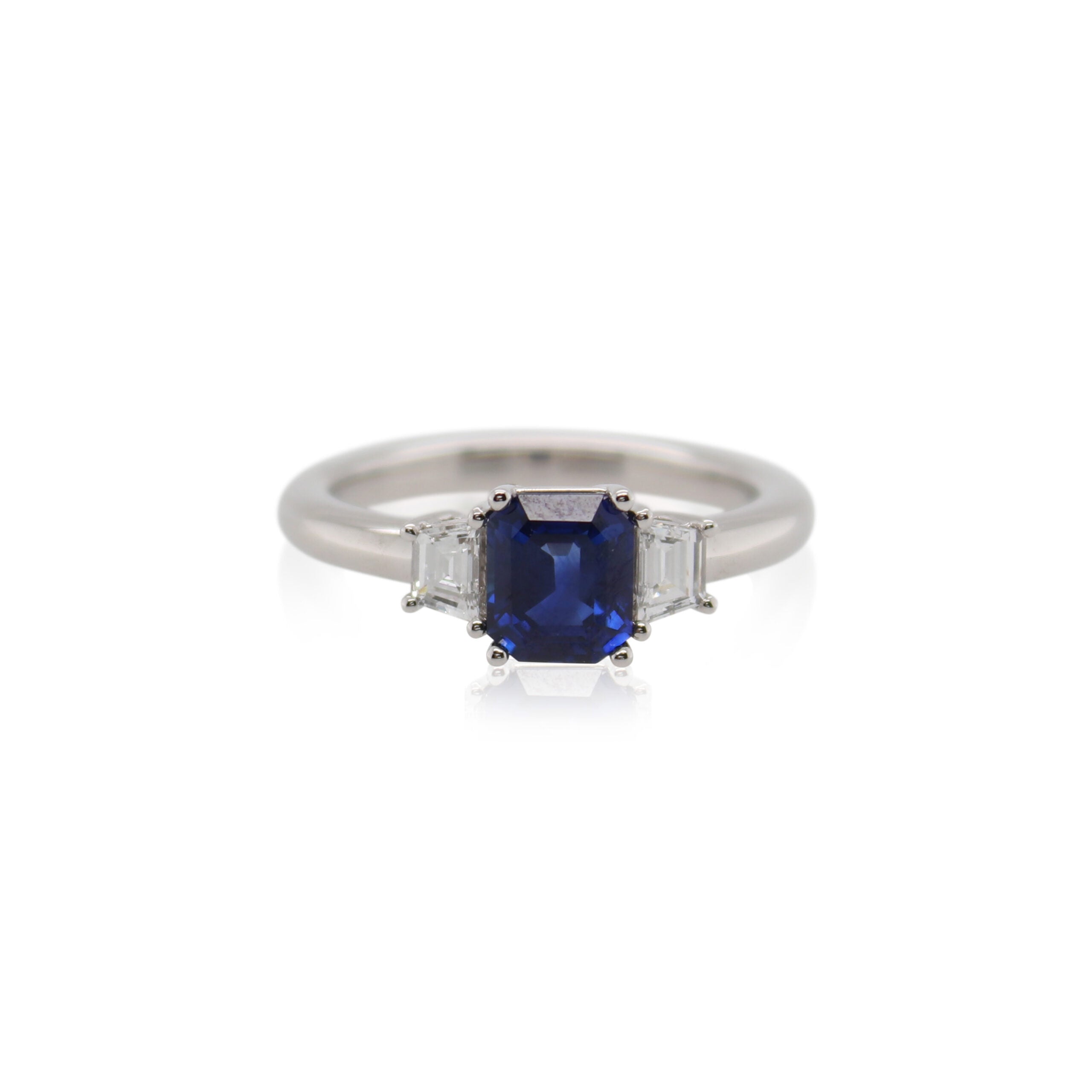 Emerald Cut Sapphire and Diamond Three Stone Ring