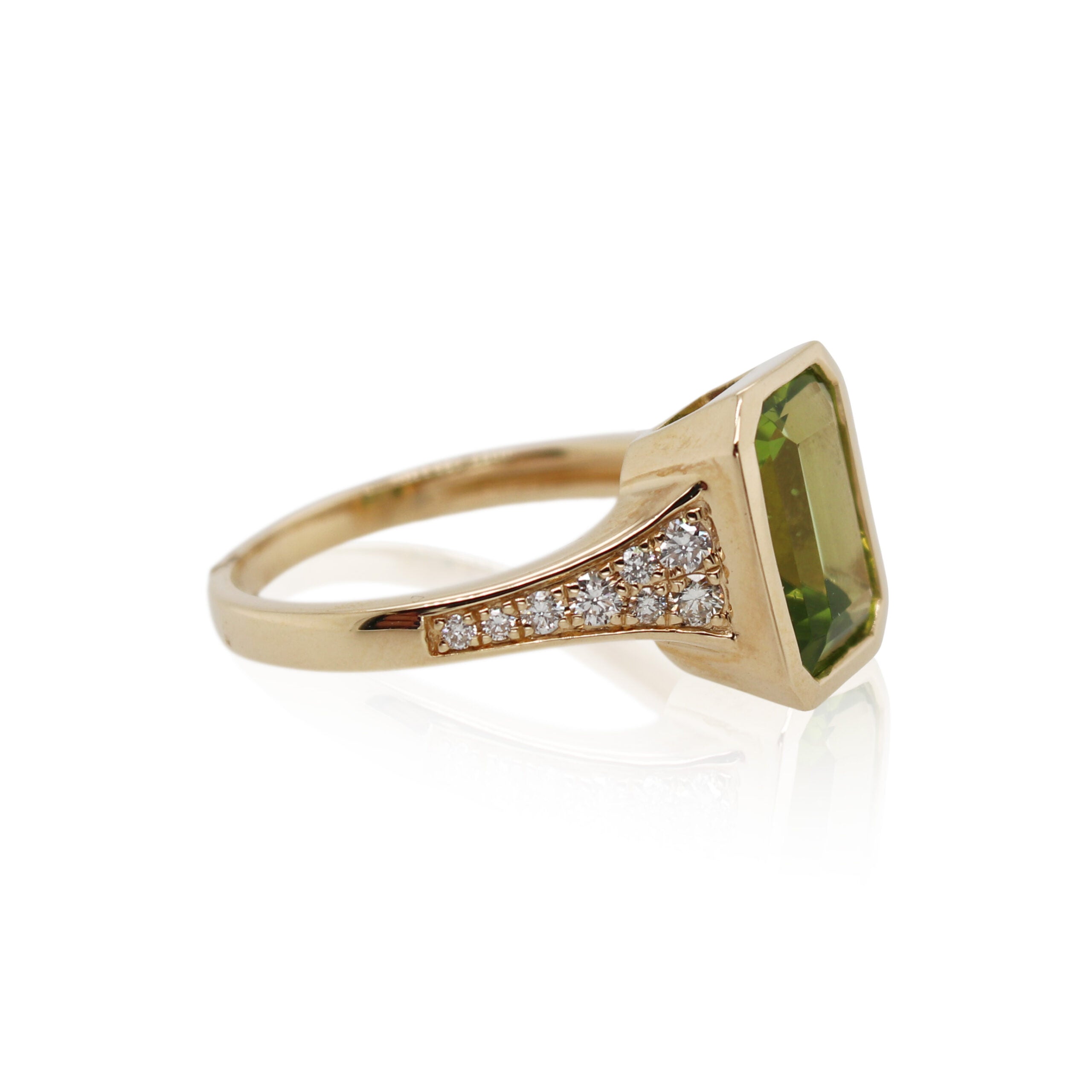 Emerald Cut Peridot and Diamond Ring