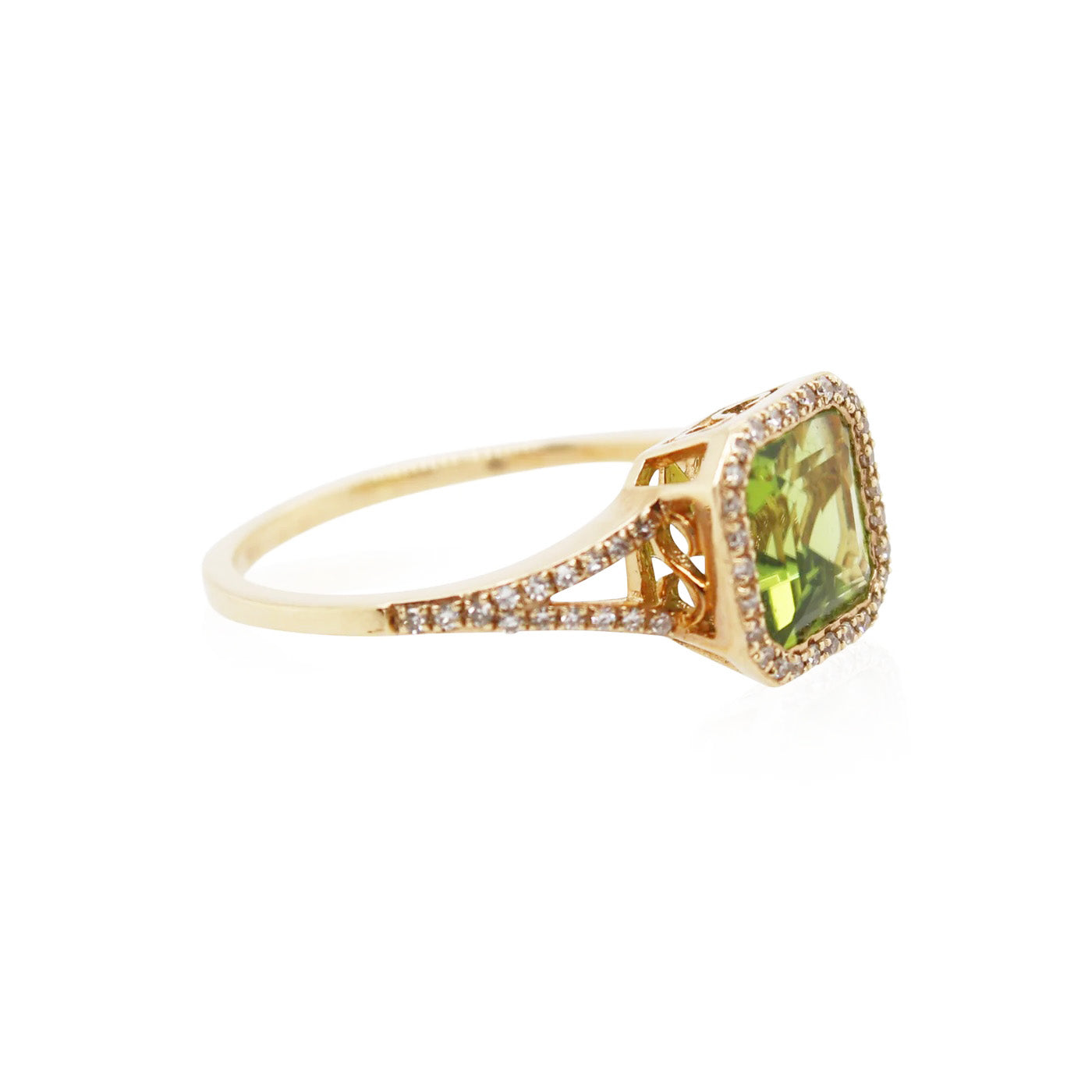 1.75ct Cushion Cut Peridot and Diamond Ring