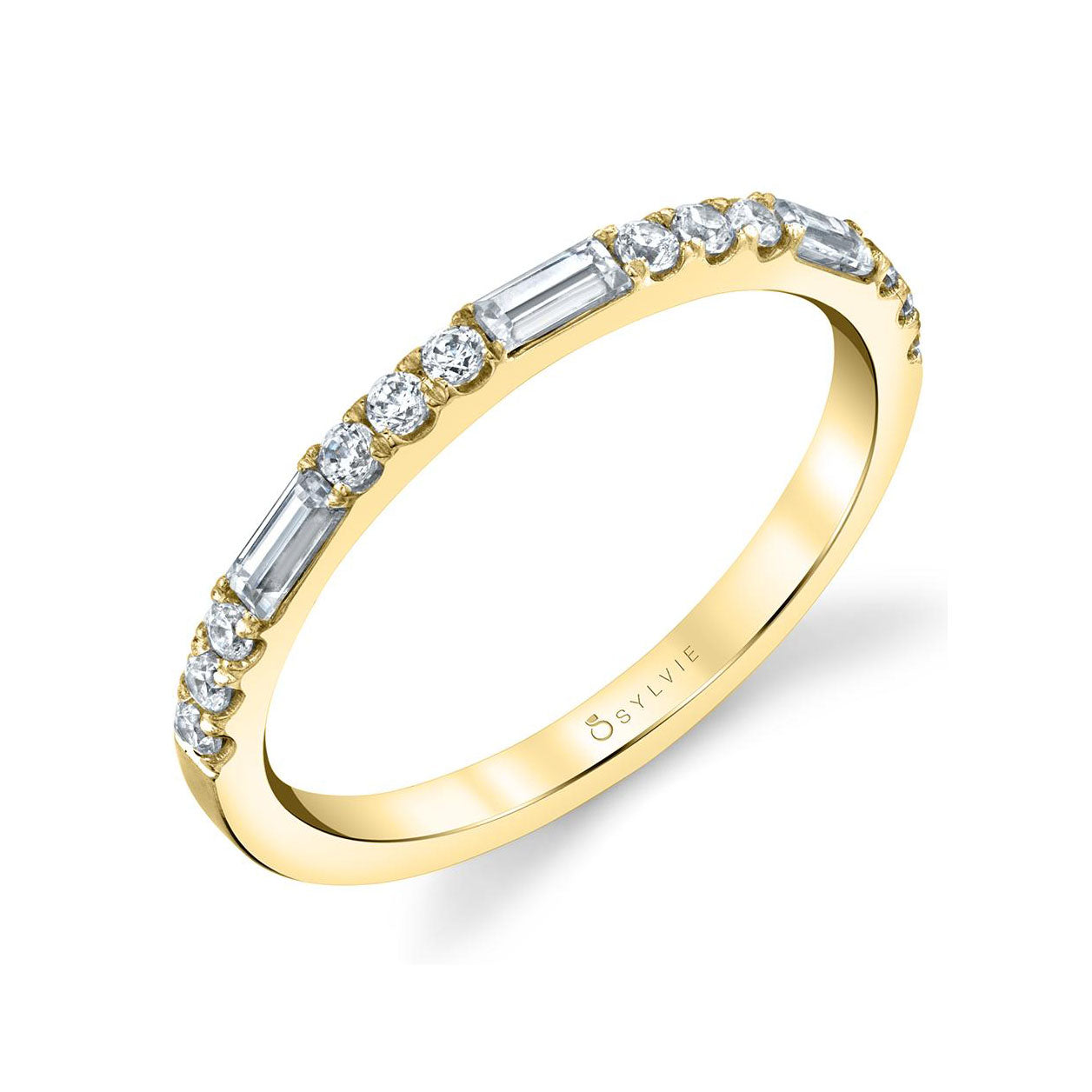 Yellow Gold Alternating Round & Baguette Diamond Band