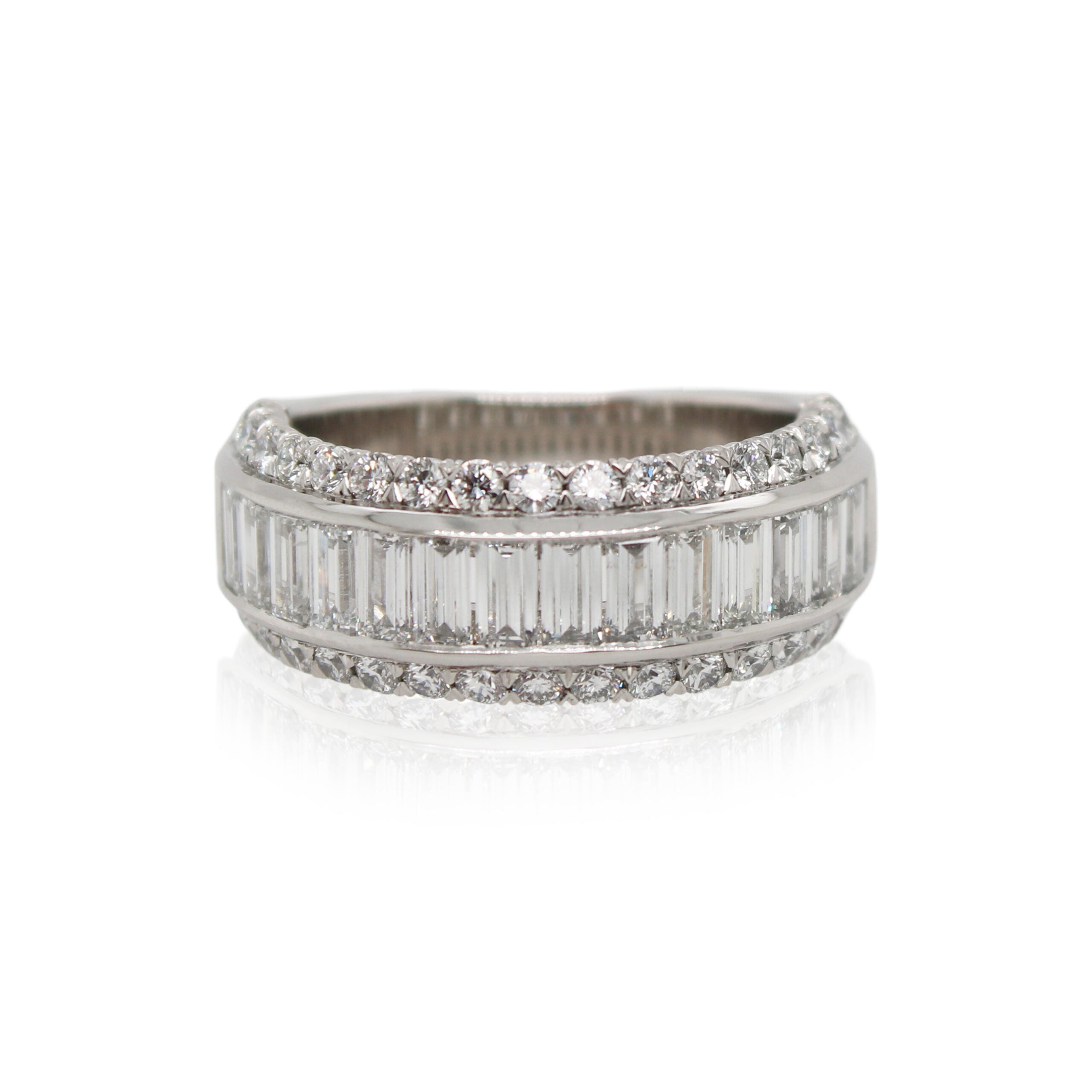 Platinum Baguette and Round Tri Row Wedding Band