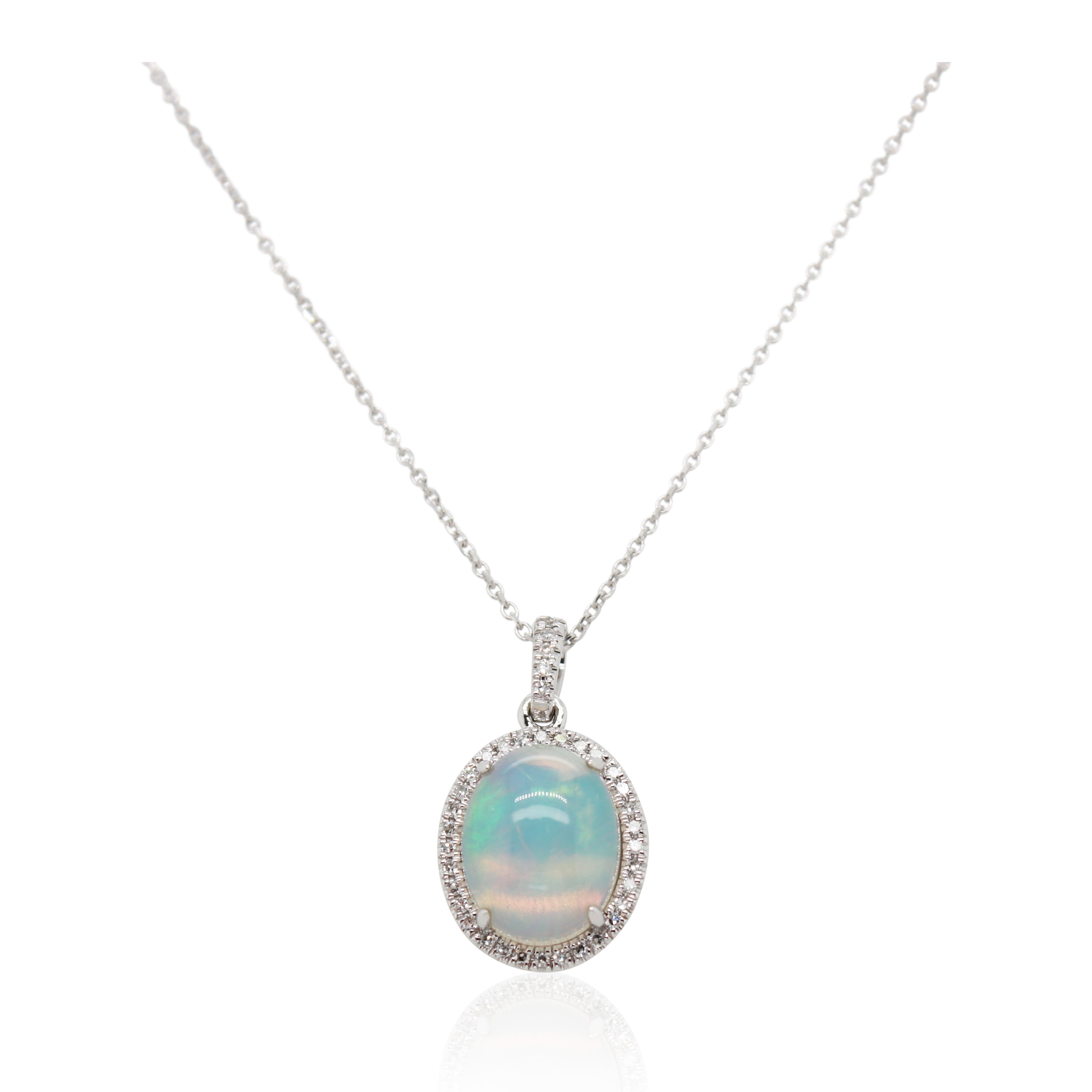 White Gold Opal and Halo Diamond Pendant