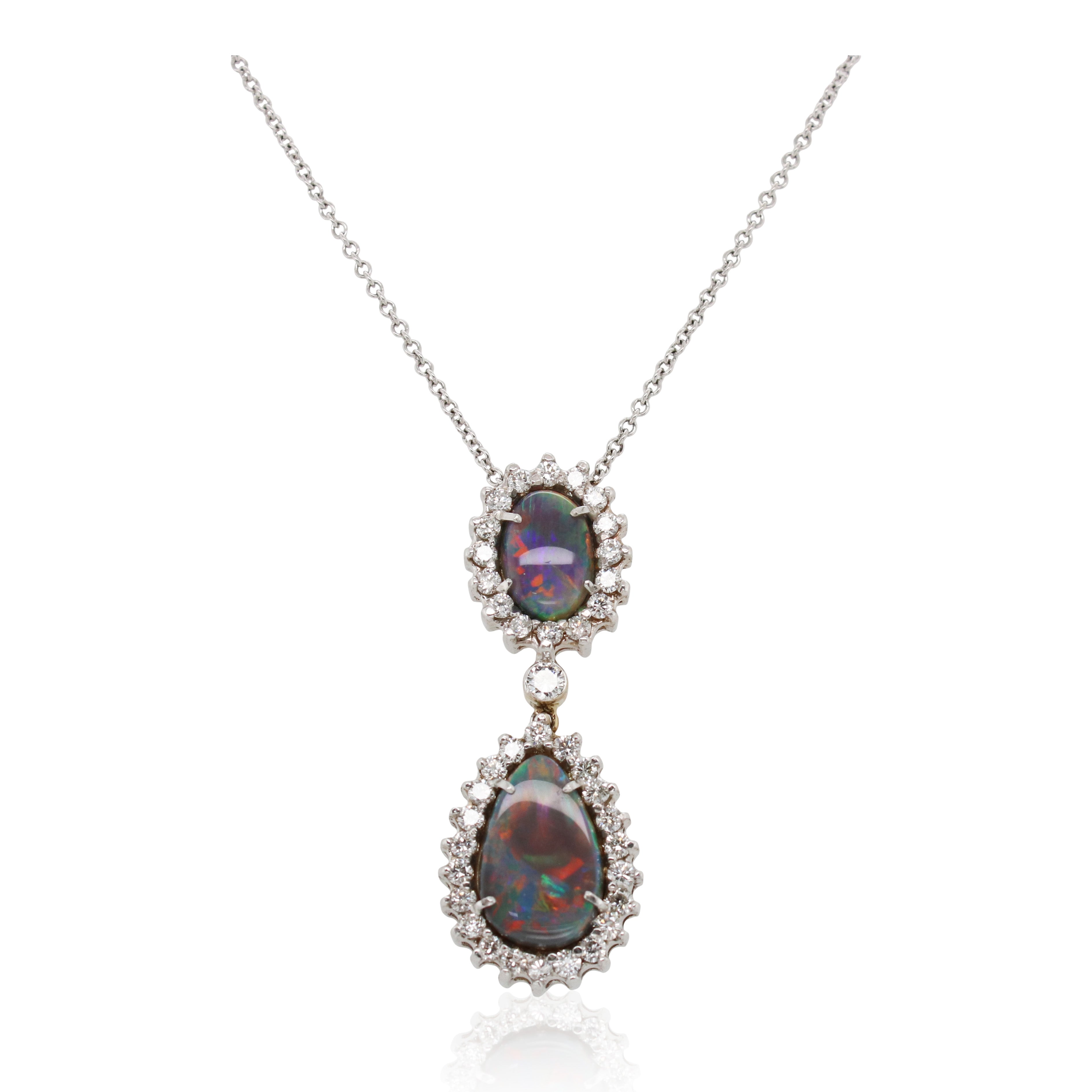 Oval and Pear Shaped Opal and Halo Diamond Pendant