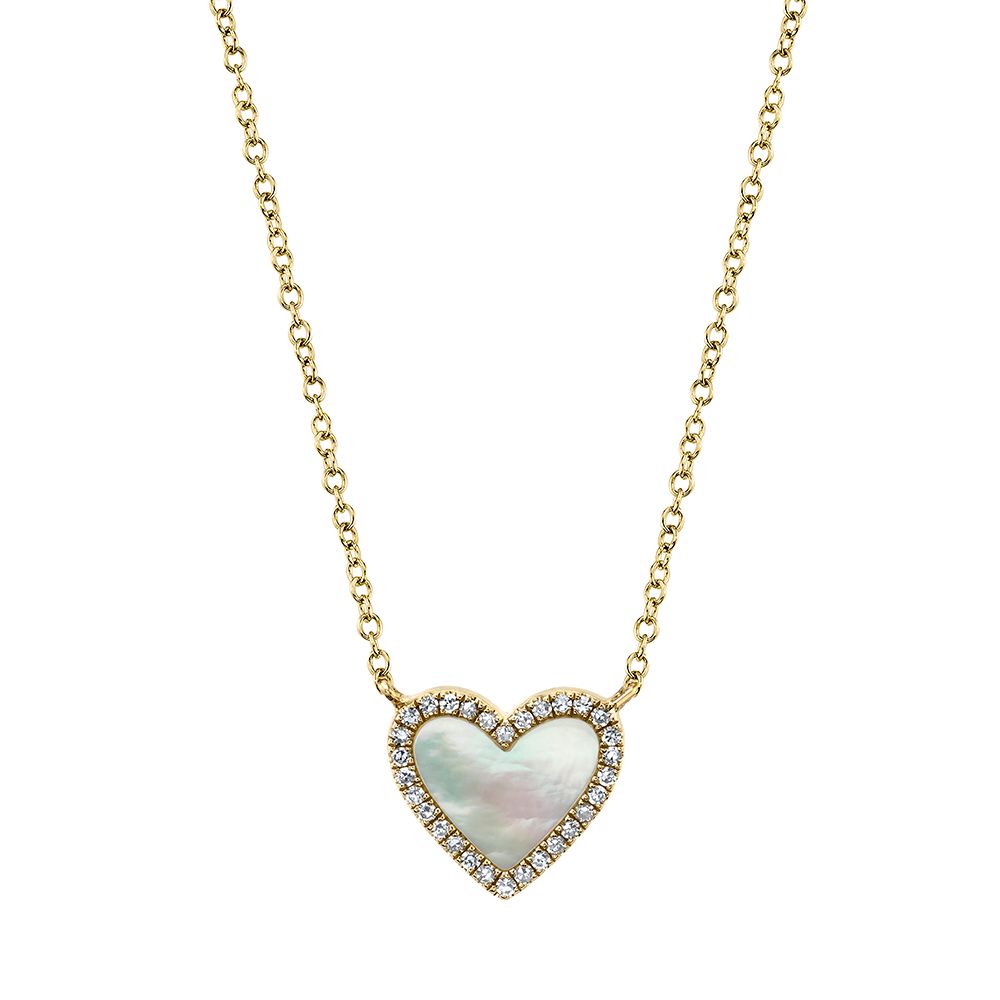White Mother of Pearl and Diamond Halo Heart Necklace