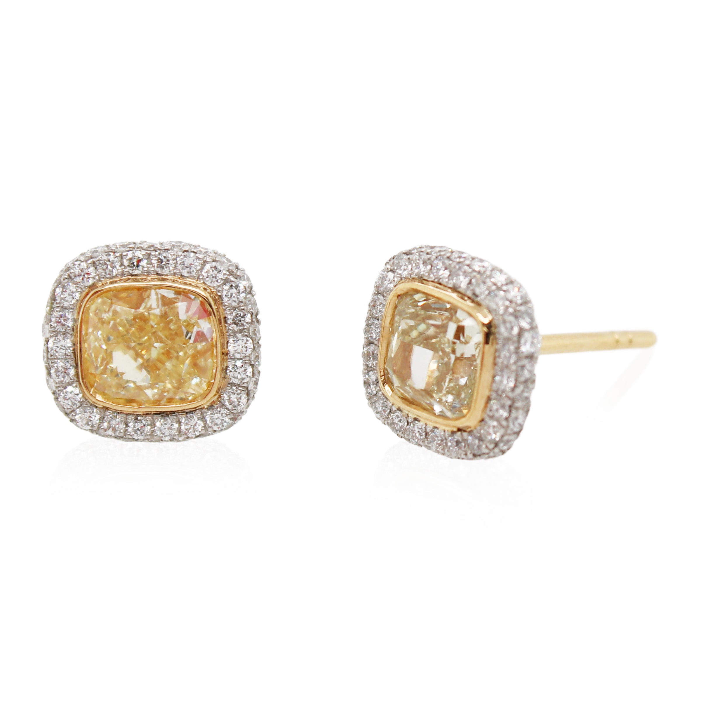 Cushion Cut Fancy Light Yellow Diamond Studs