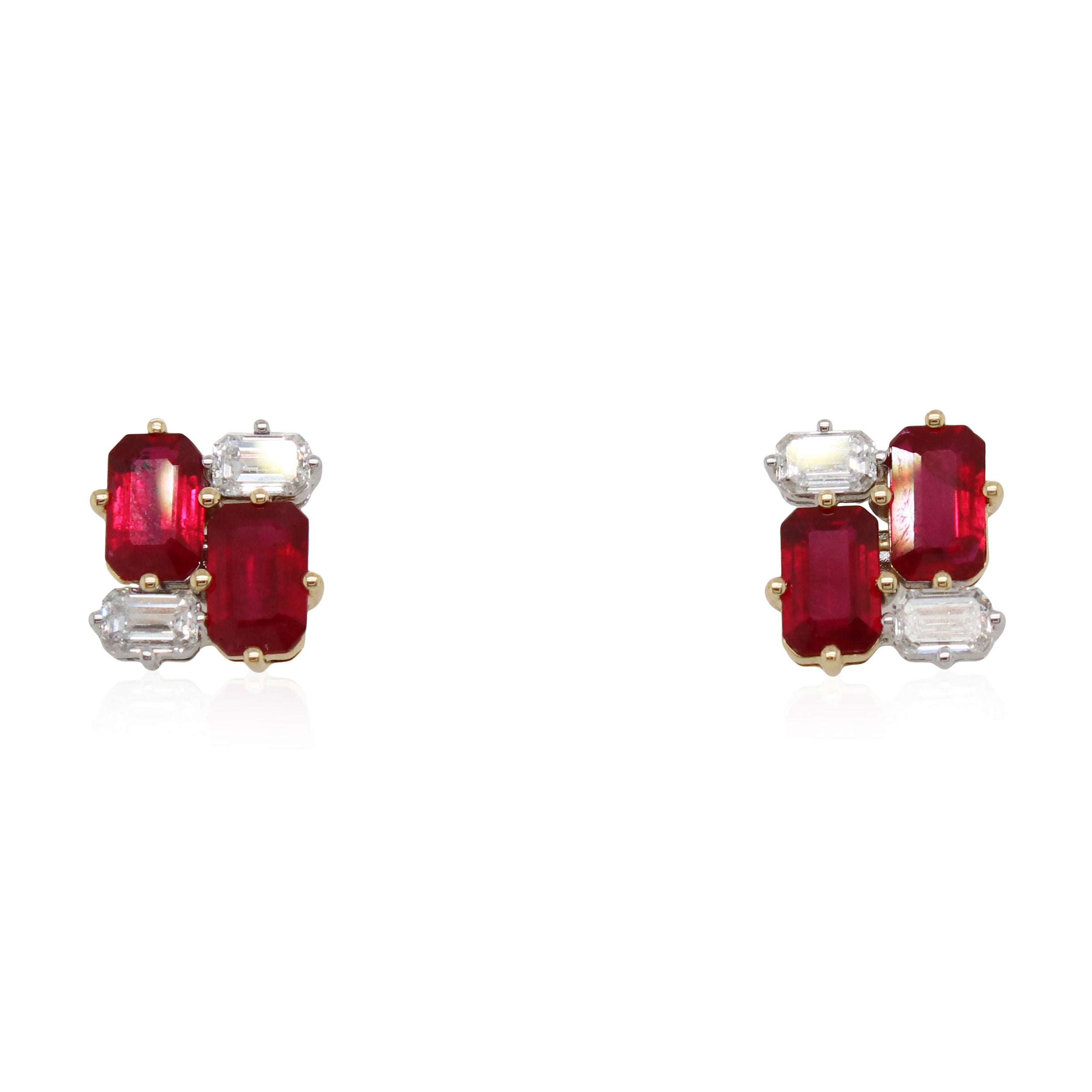 Emerald Cut Ruby and Diamond Cluster Earrings
