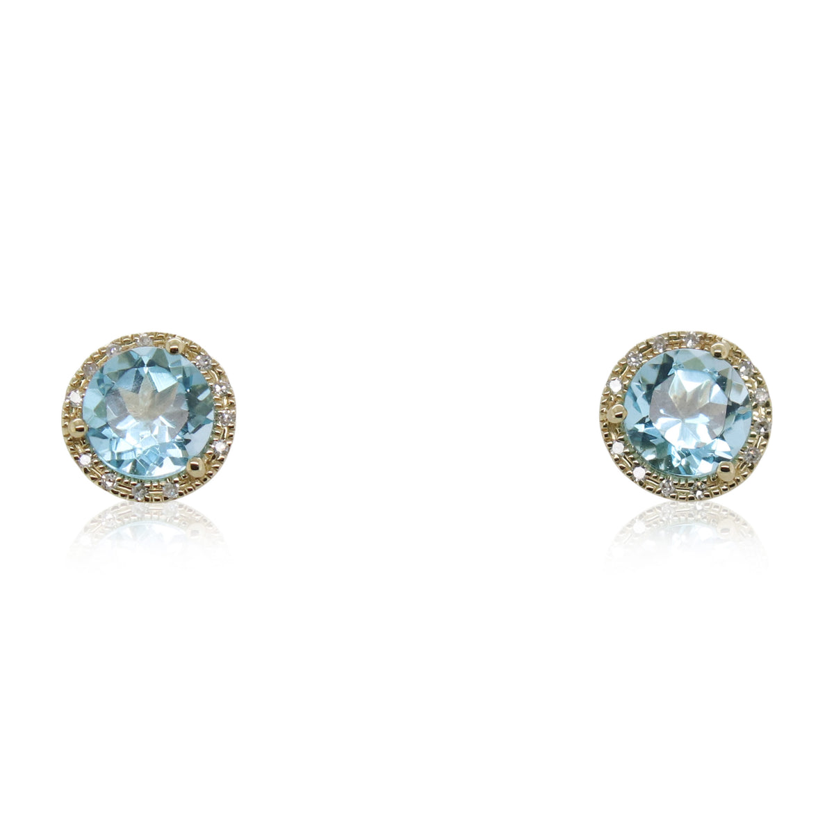 Round Blue Topaz and Halo Diamond Stud Earrings