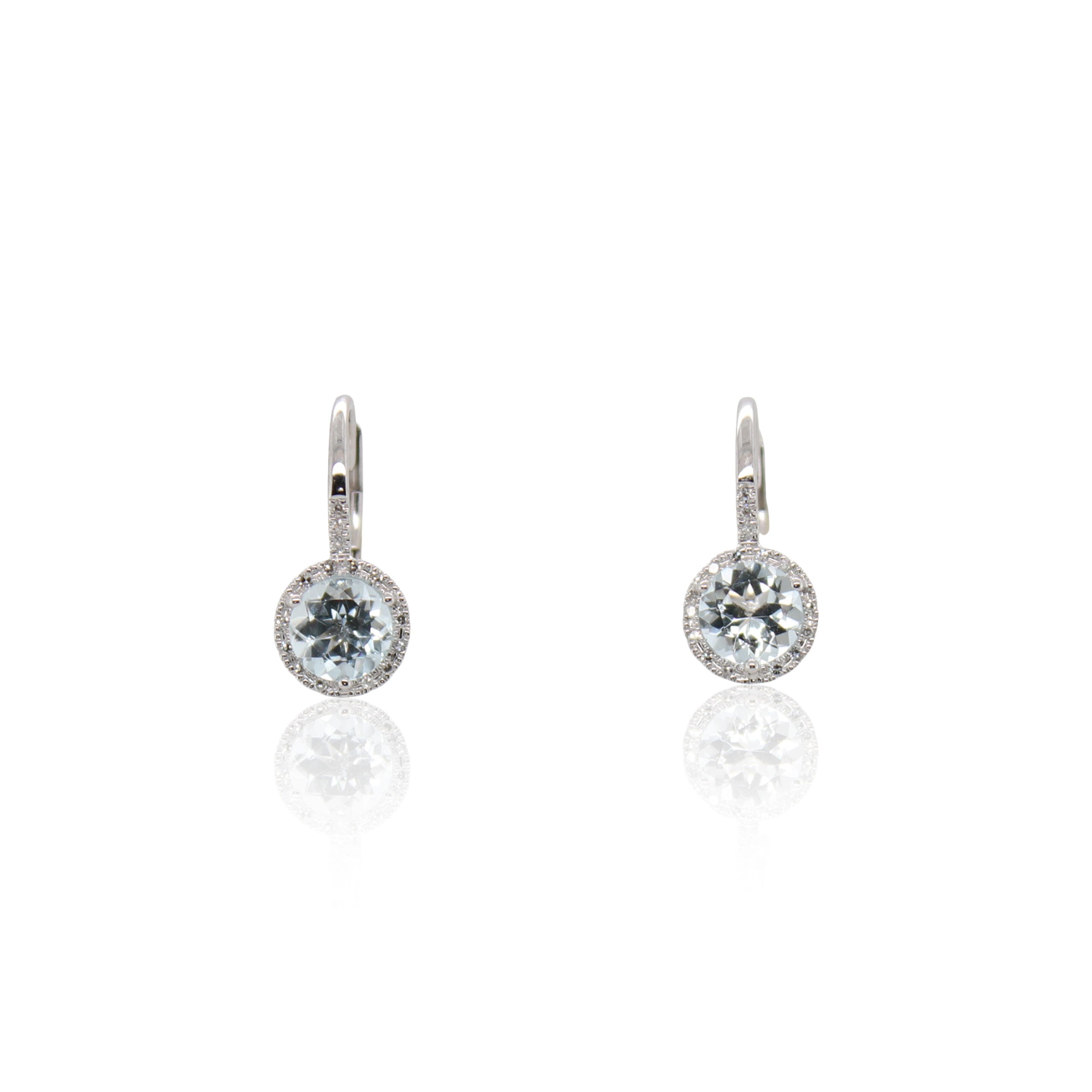 Round Aquamarine and Diamond Halo Drop Earrings