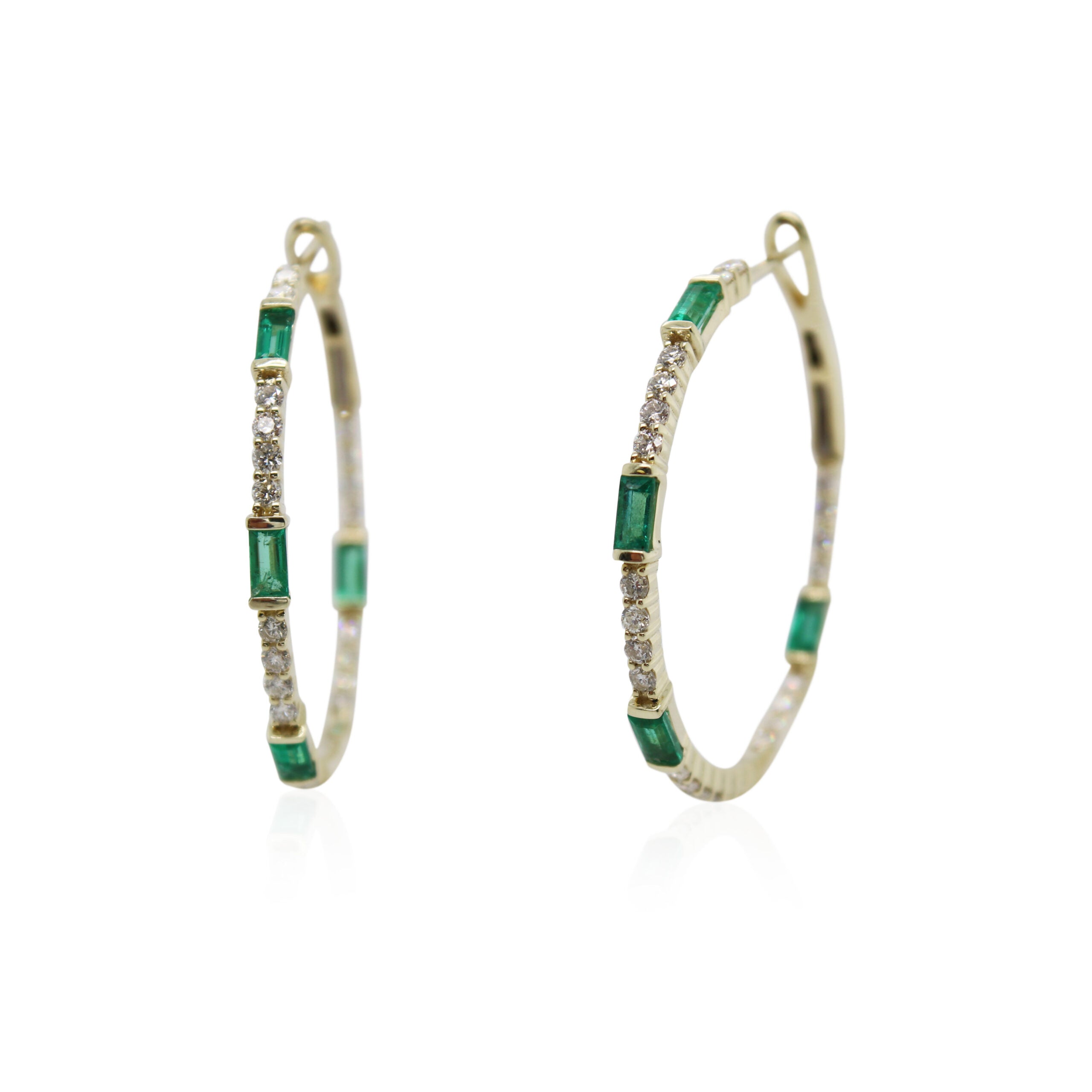 Baguette Emerald and Diamond Hoops