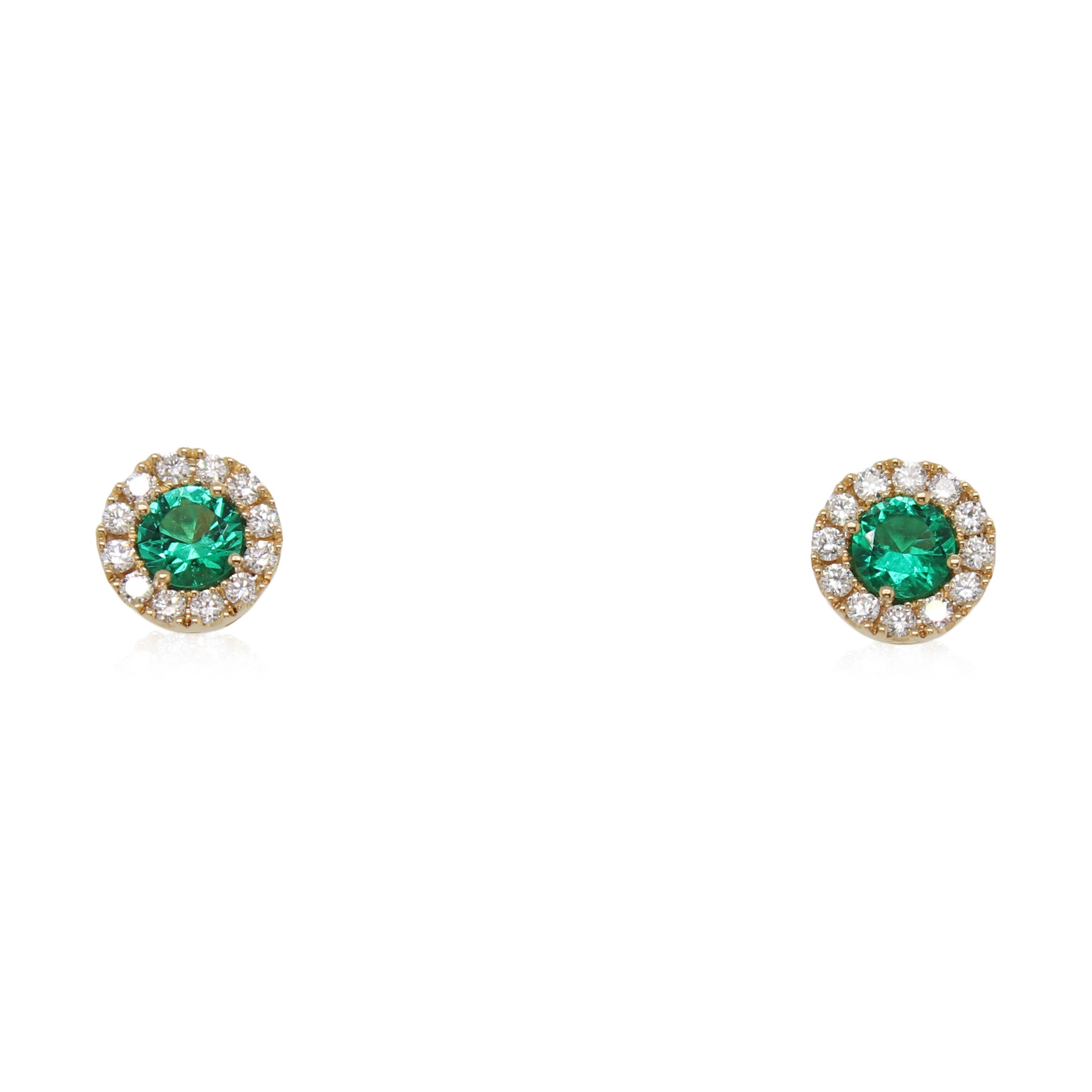 Yellow Gold Emerald and Diamond Halo Earrings