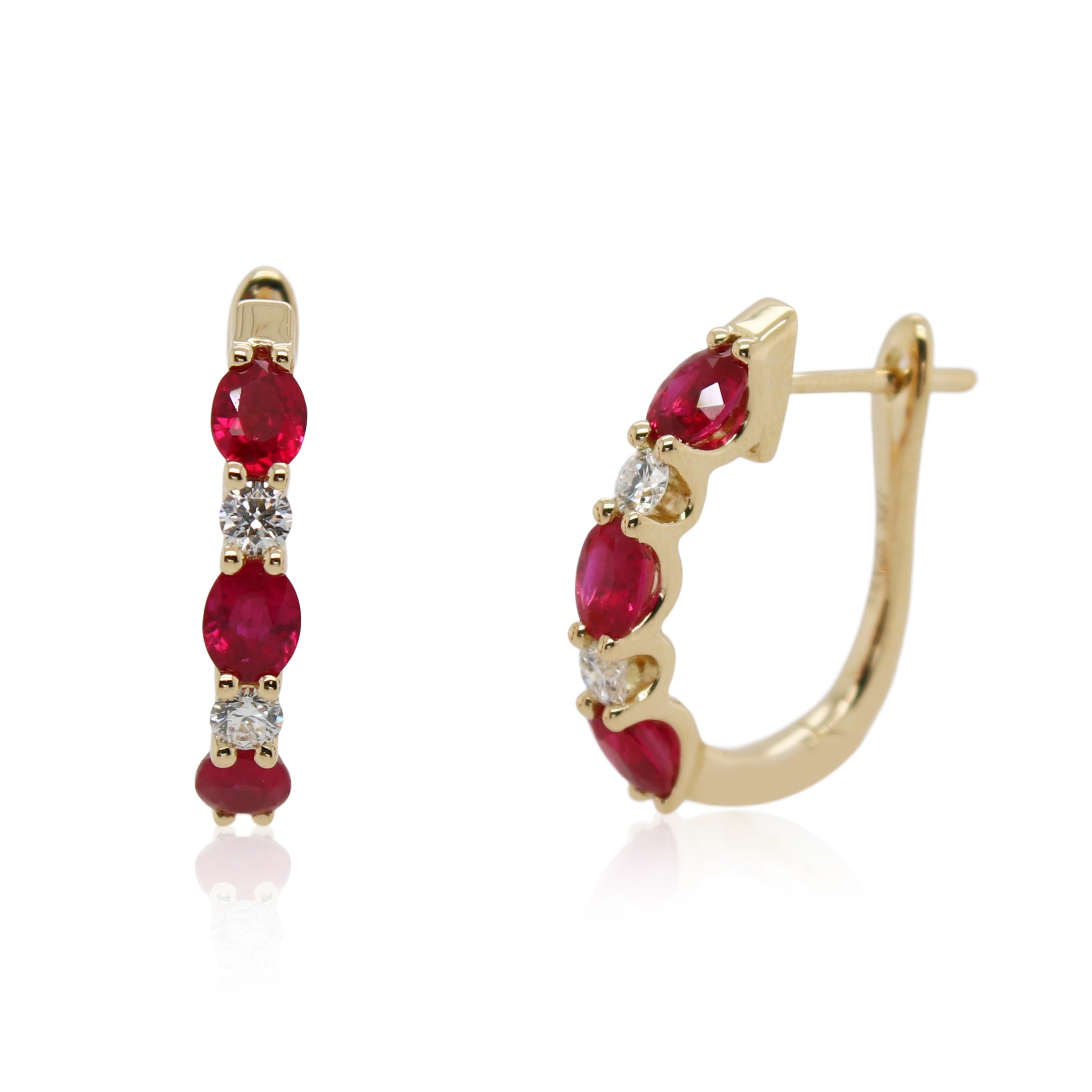 Alternating Ruby and Diamond Yellow Gold Hoops
