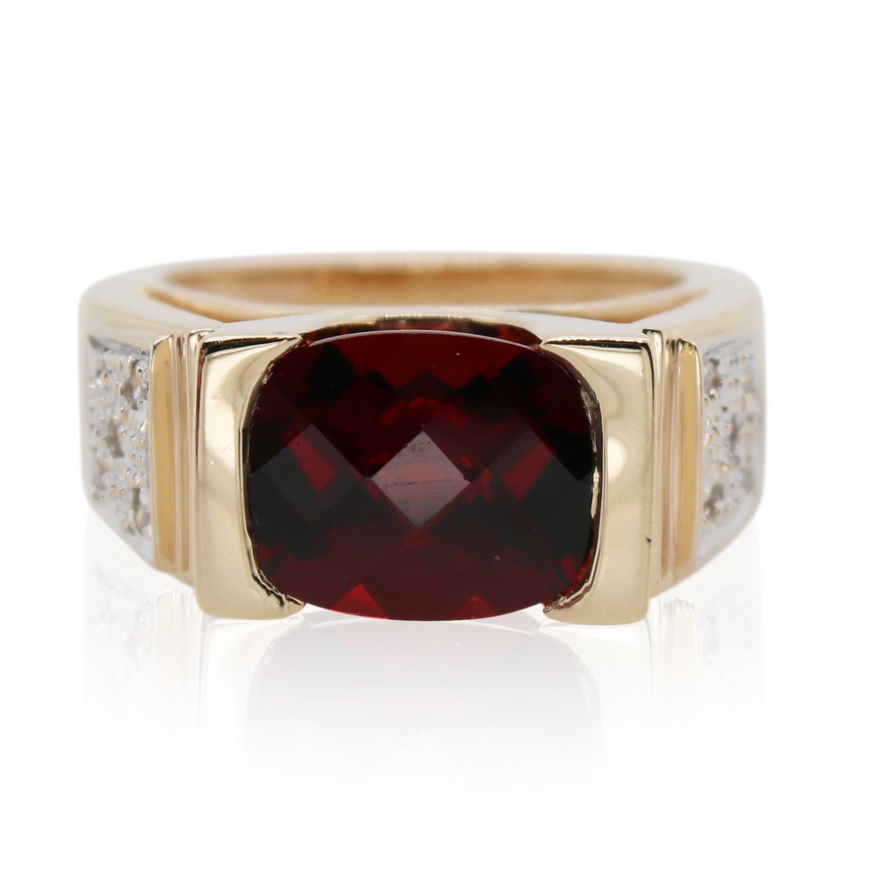 Cushion Cut Half Bezel Set Garnet and Diamond Ring