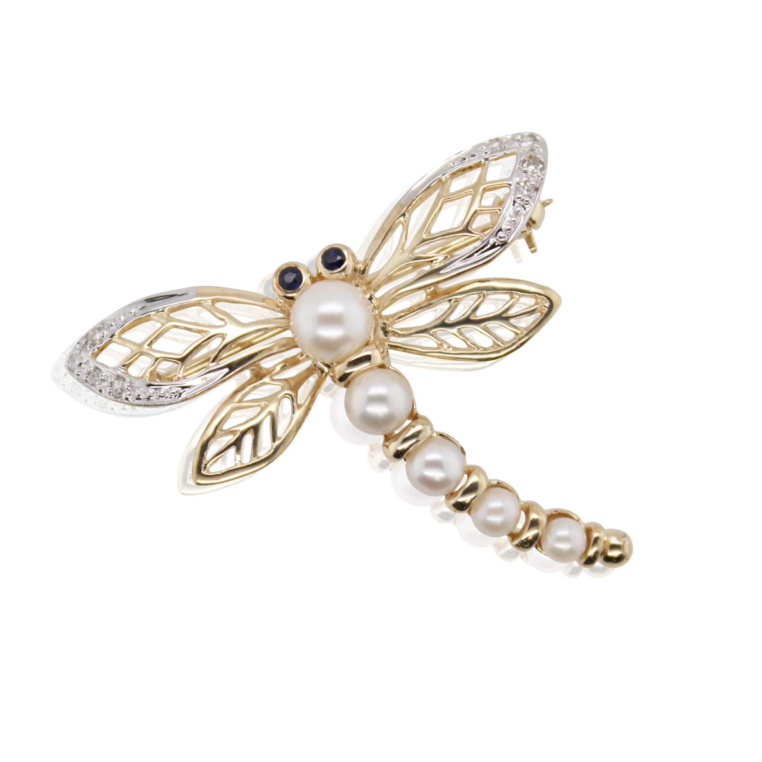 Pearl, Diamond, and Sapphire Dragonfly Brooch