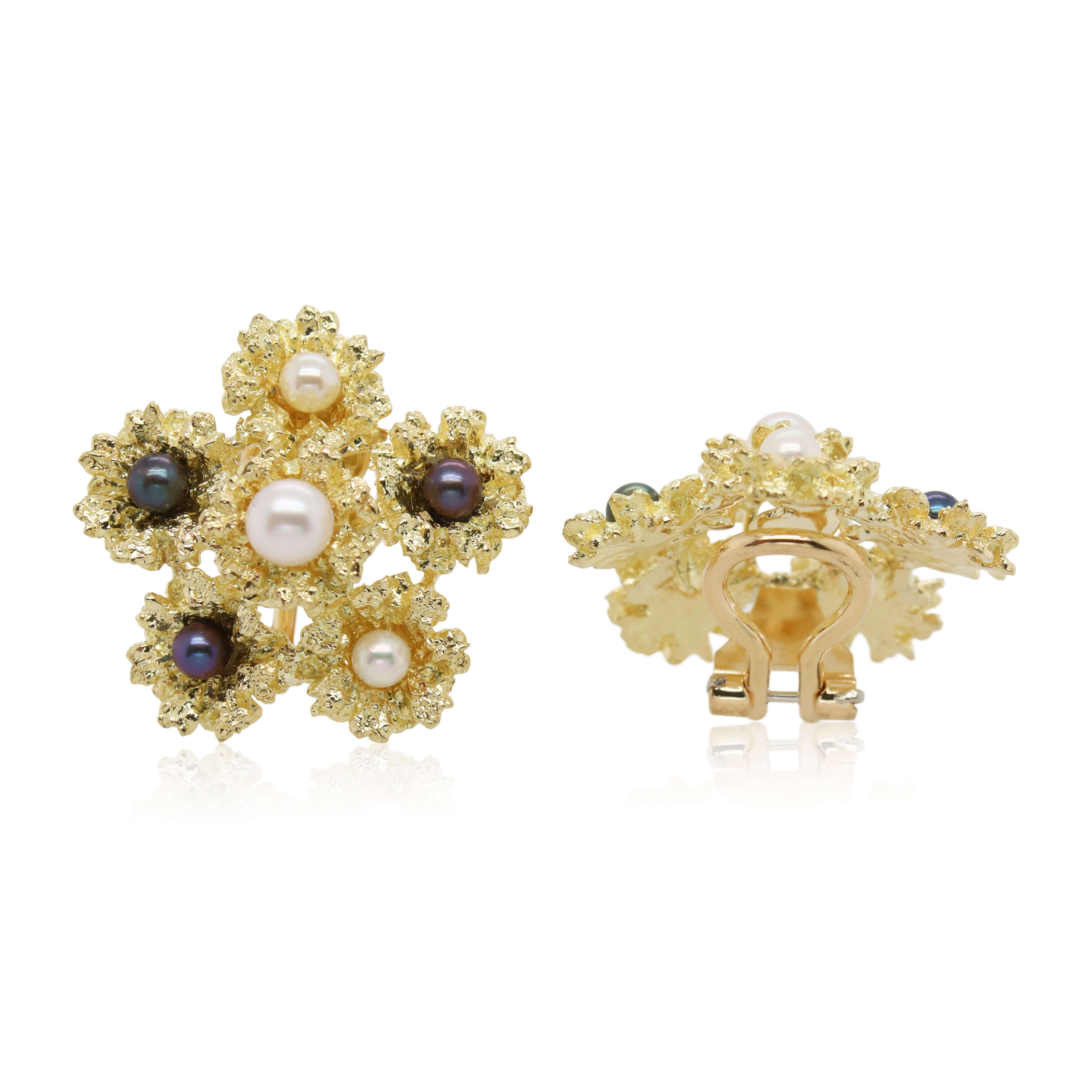 White and Black Pearl Floral Clip-On Earrings