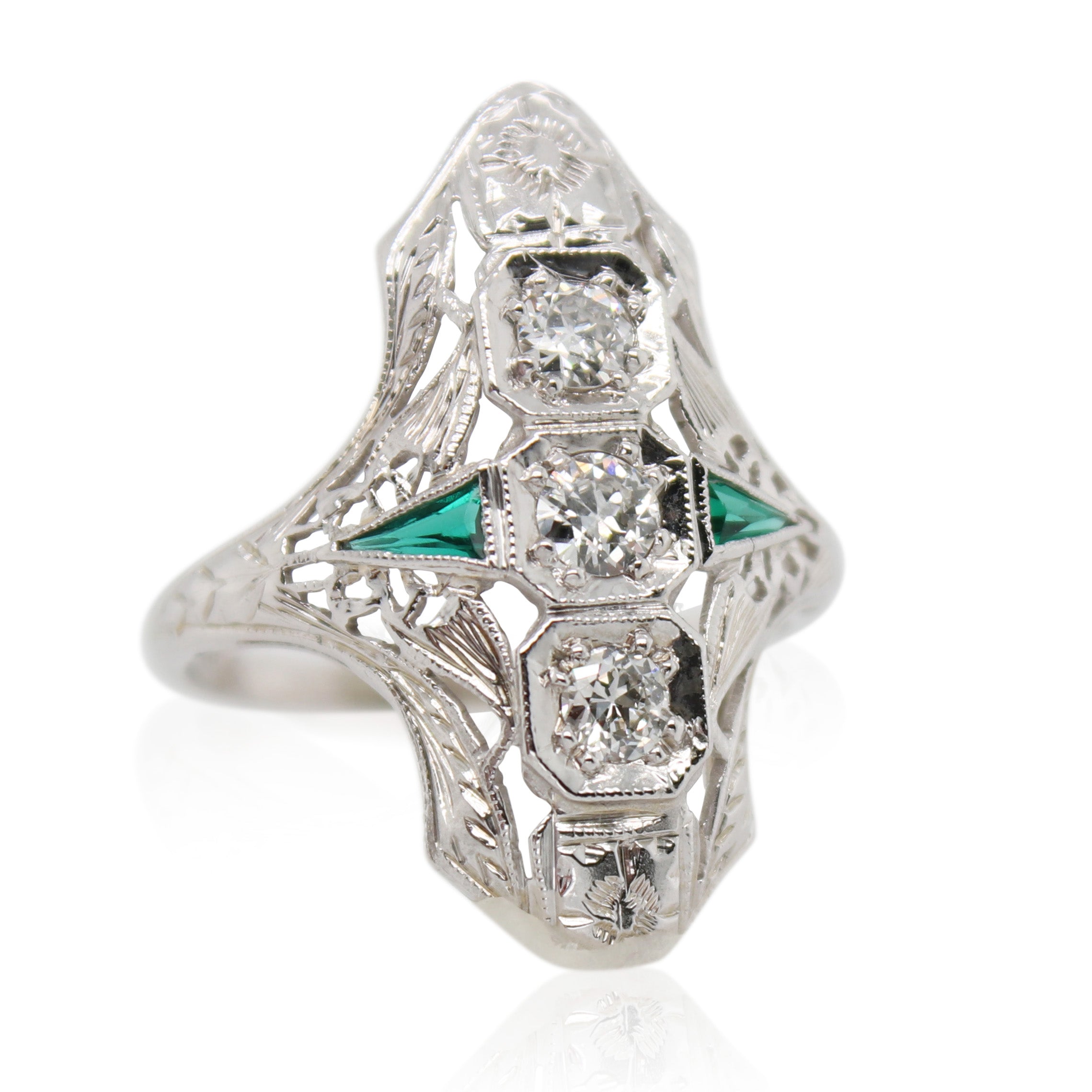 Old European Cut Diamond and Synthetic Emerald Elongated Ring
