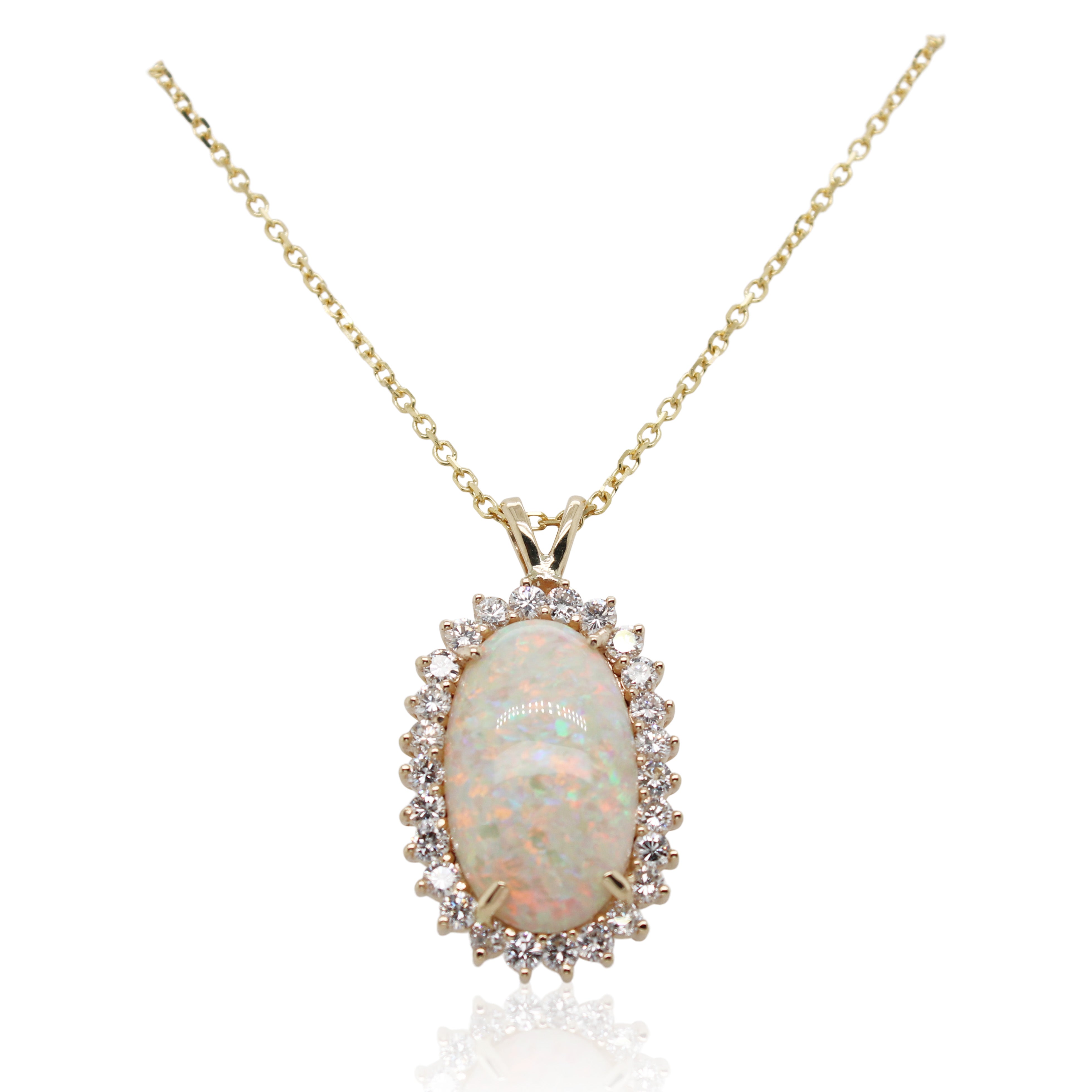 Yellow Gold Opal and Halo Diamond Estate Pendant