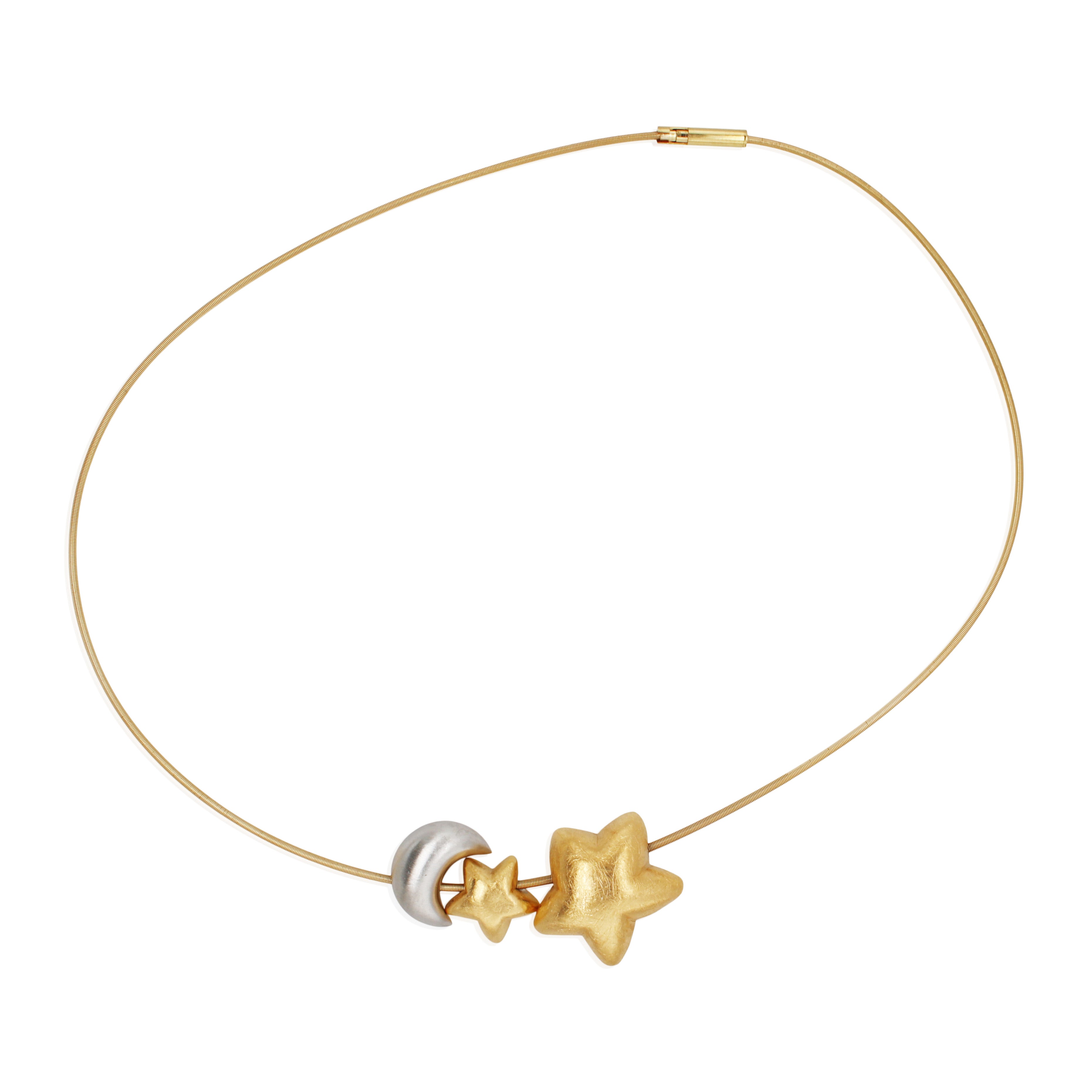 Yellow Gold and Platinum Stars and Moon Necklace