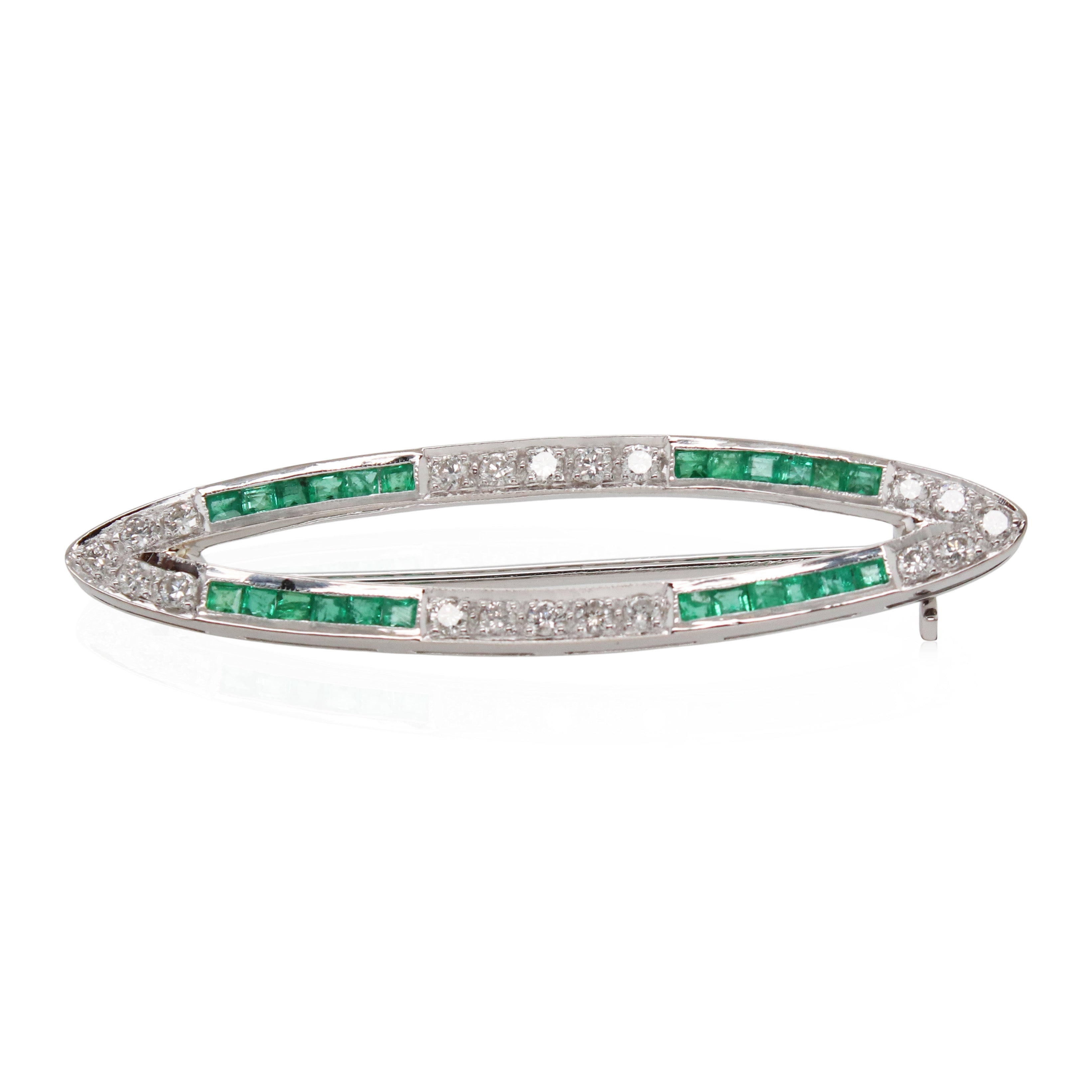 White Gold Diamond and Emerald Brooch
