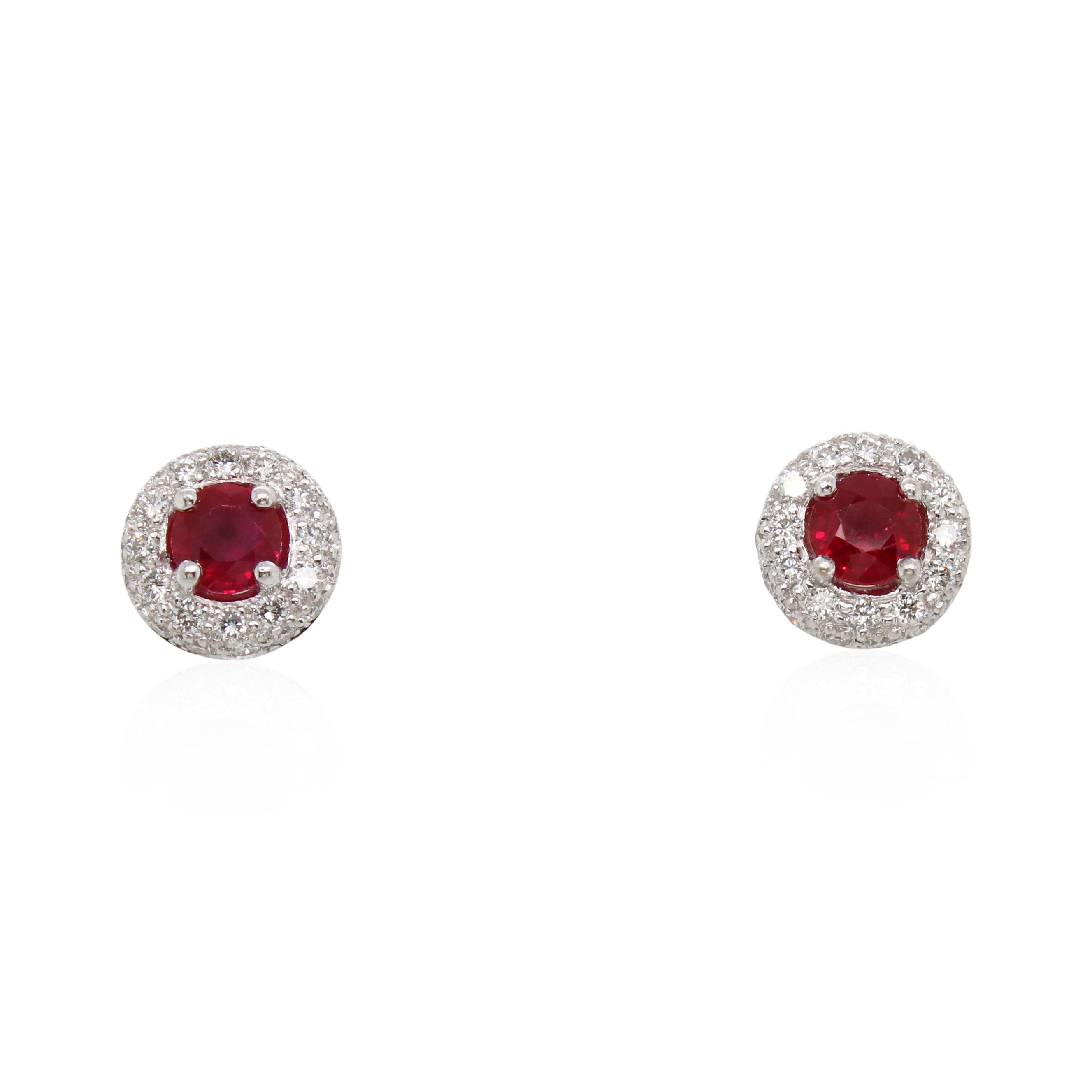 Platinum Ruby and Halo Diamond Studs