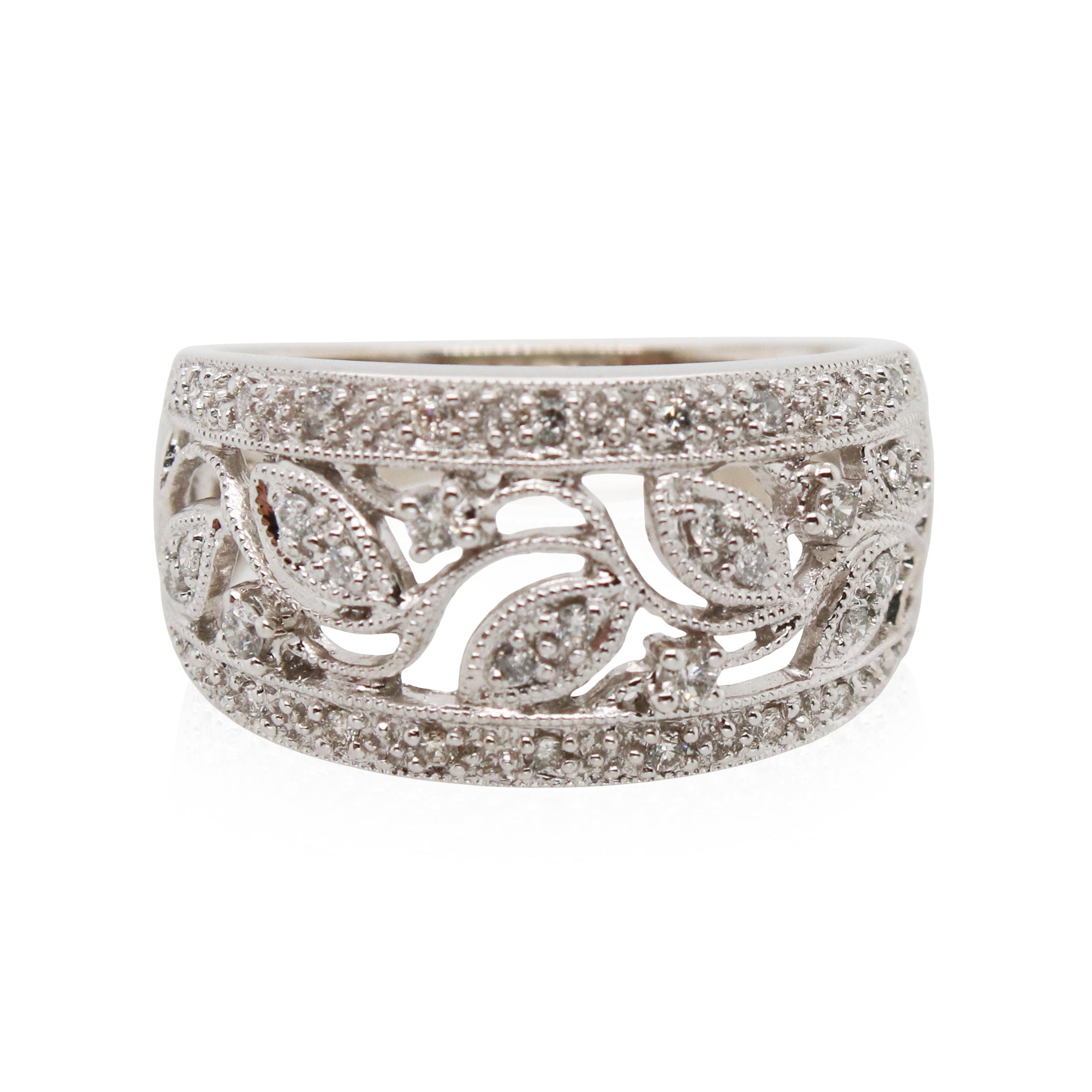 White Gold Diamond Milgrain Leaf Band