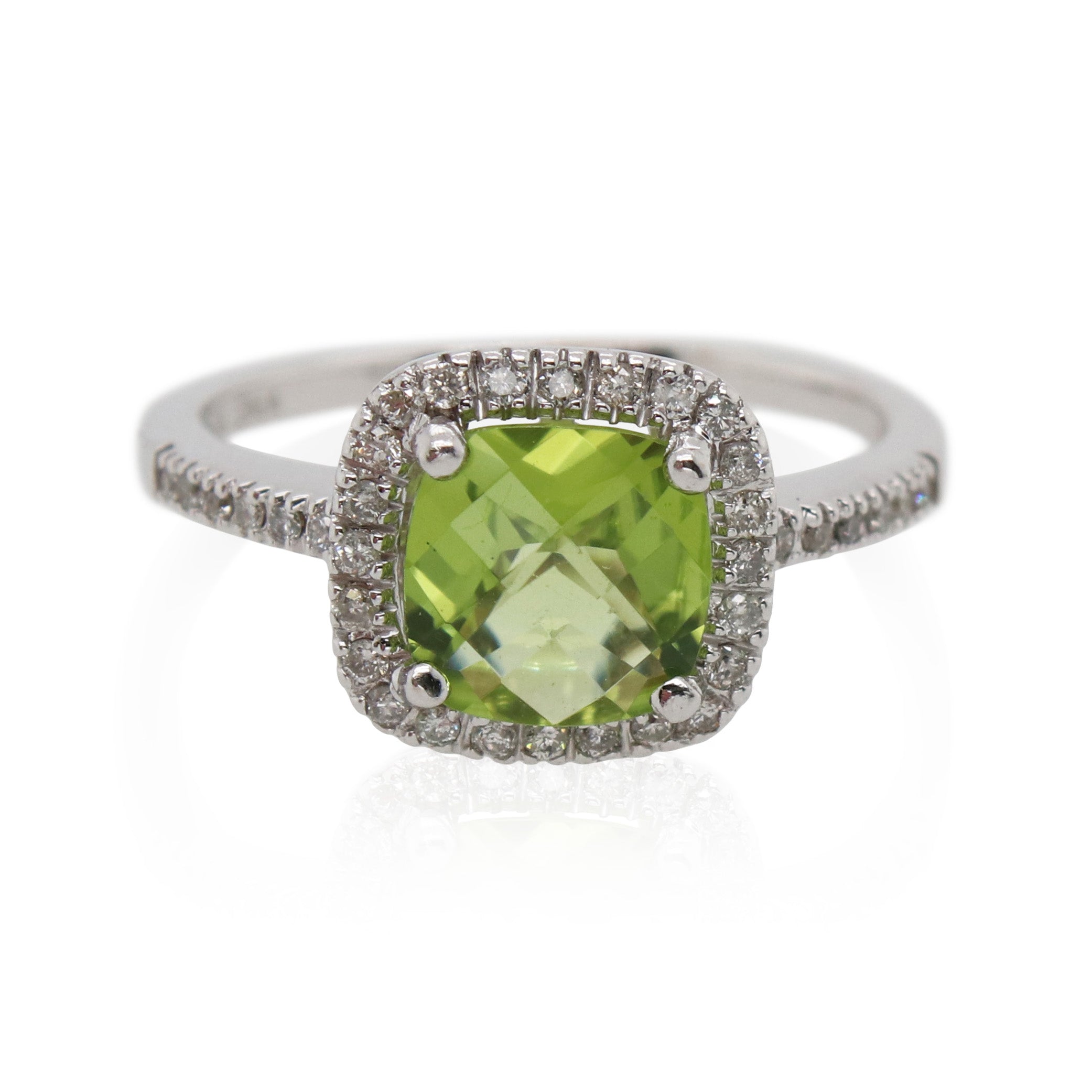 Cushion Cut Peridot and Halo Diamond Ring