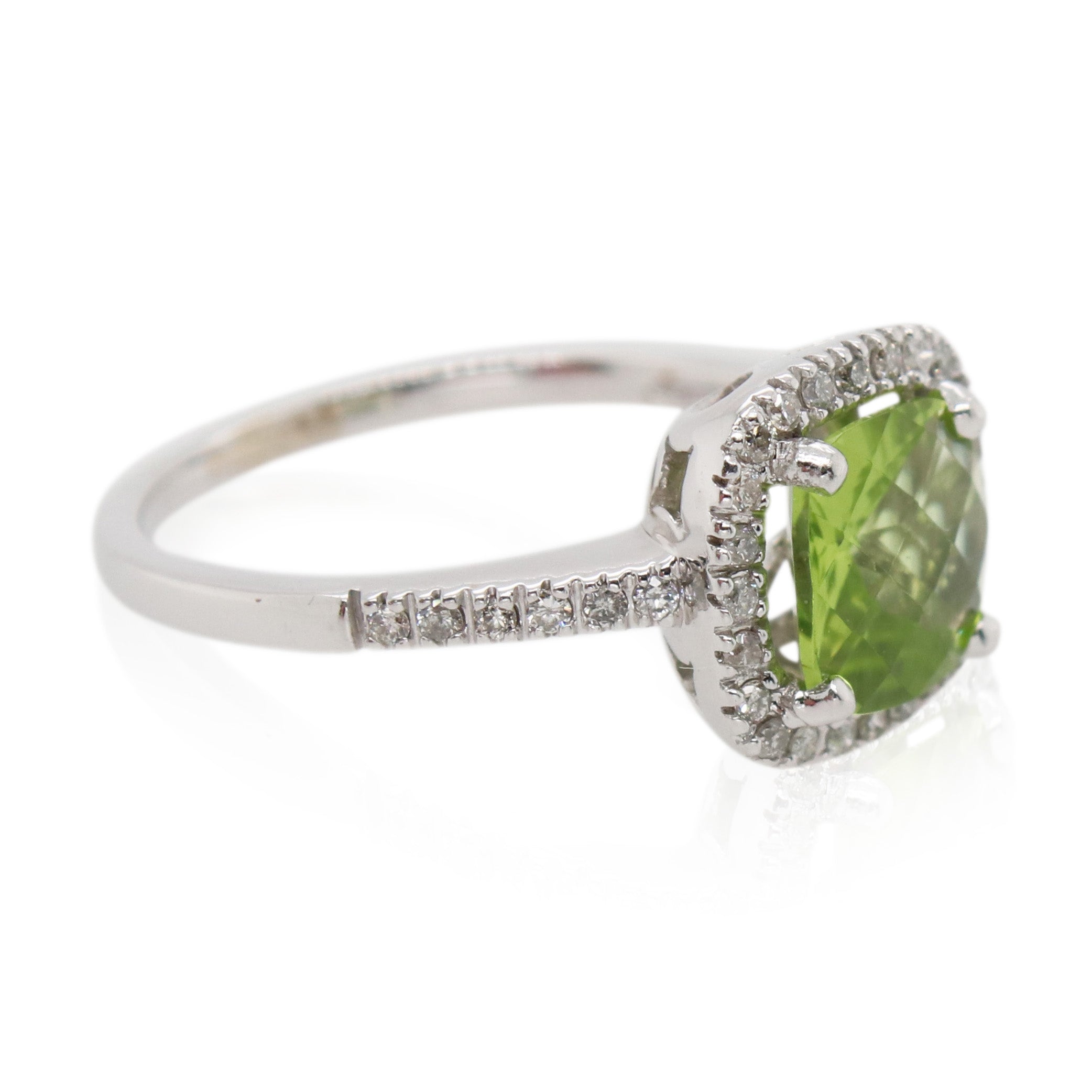 Cushion Cut Peridot and Halo Diamond Ring