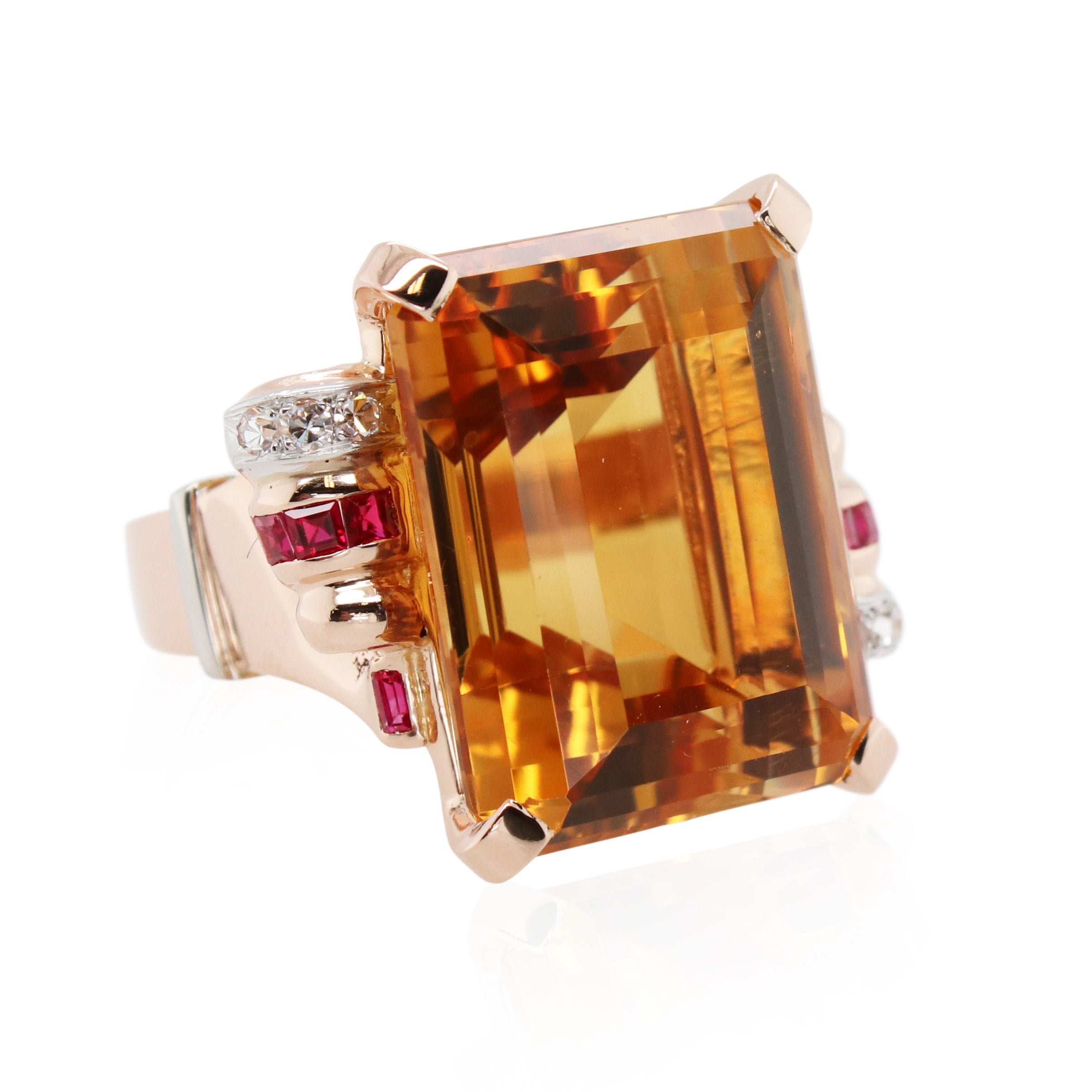 Mid-Century Modern Citrine, Ruby, and Diamond Ring