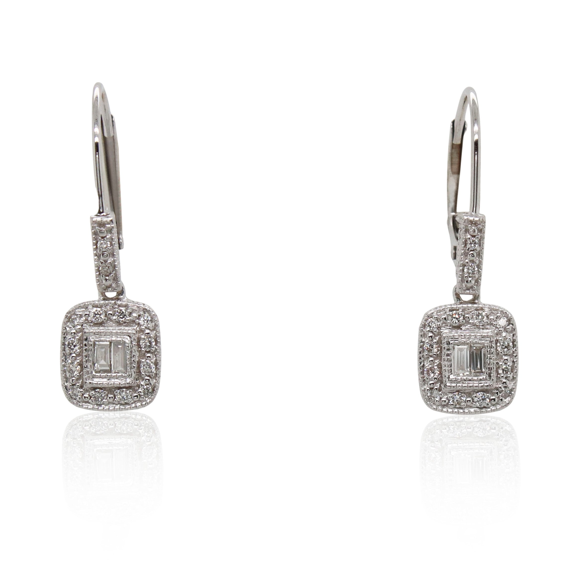 Estate Baguette and Round Diamond Drop Earrings