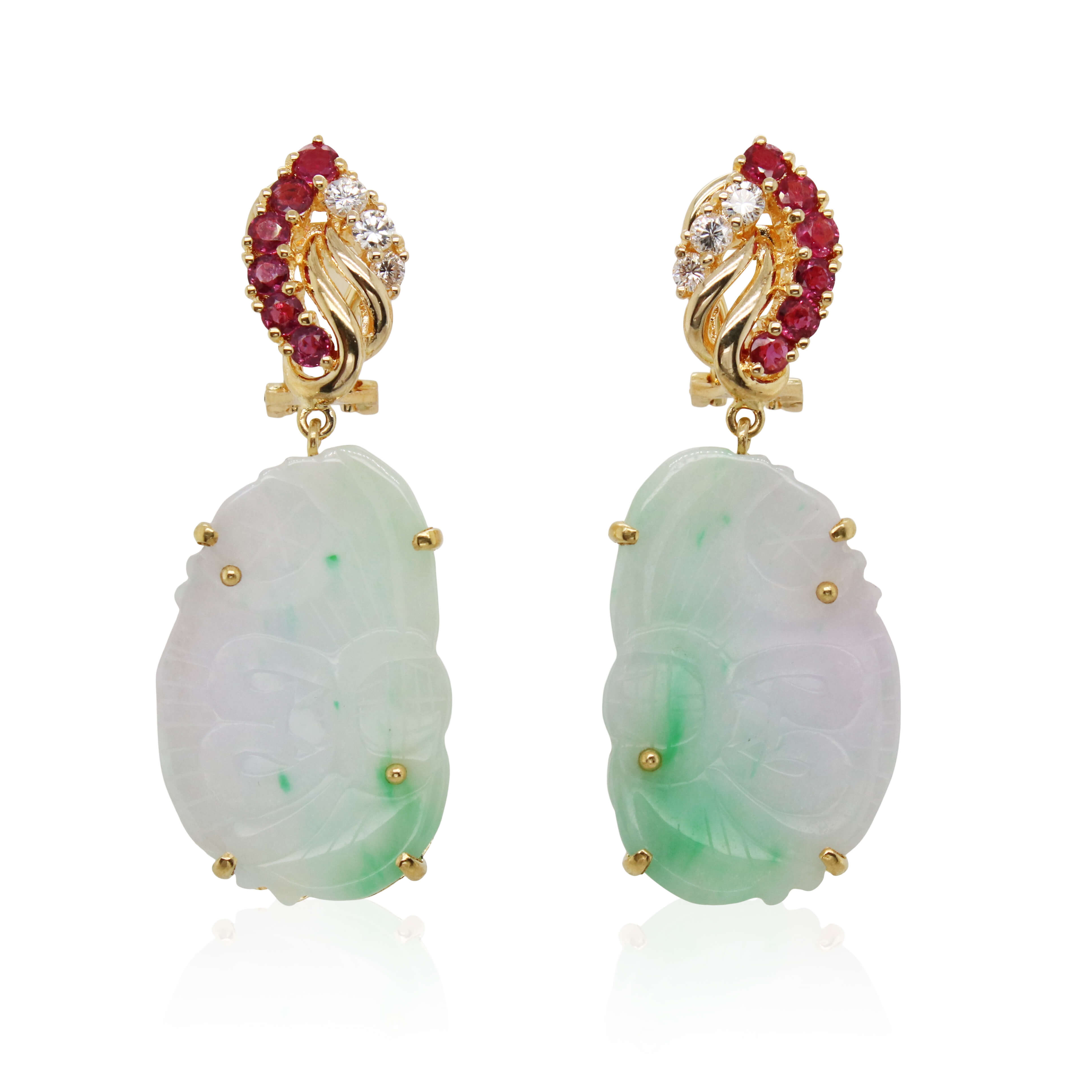Estate Jadeite, Red Spinel, and Diamond Drop Earrings