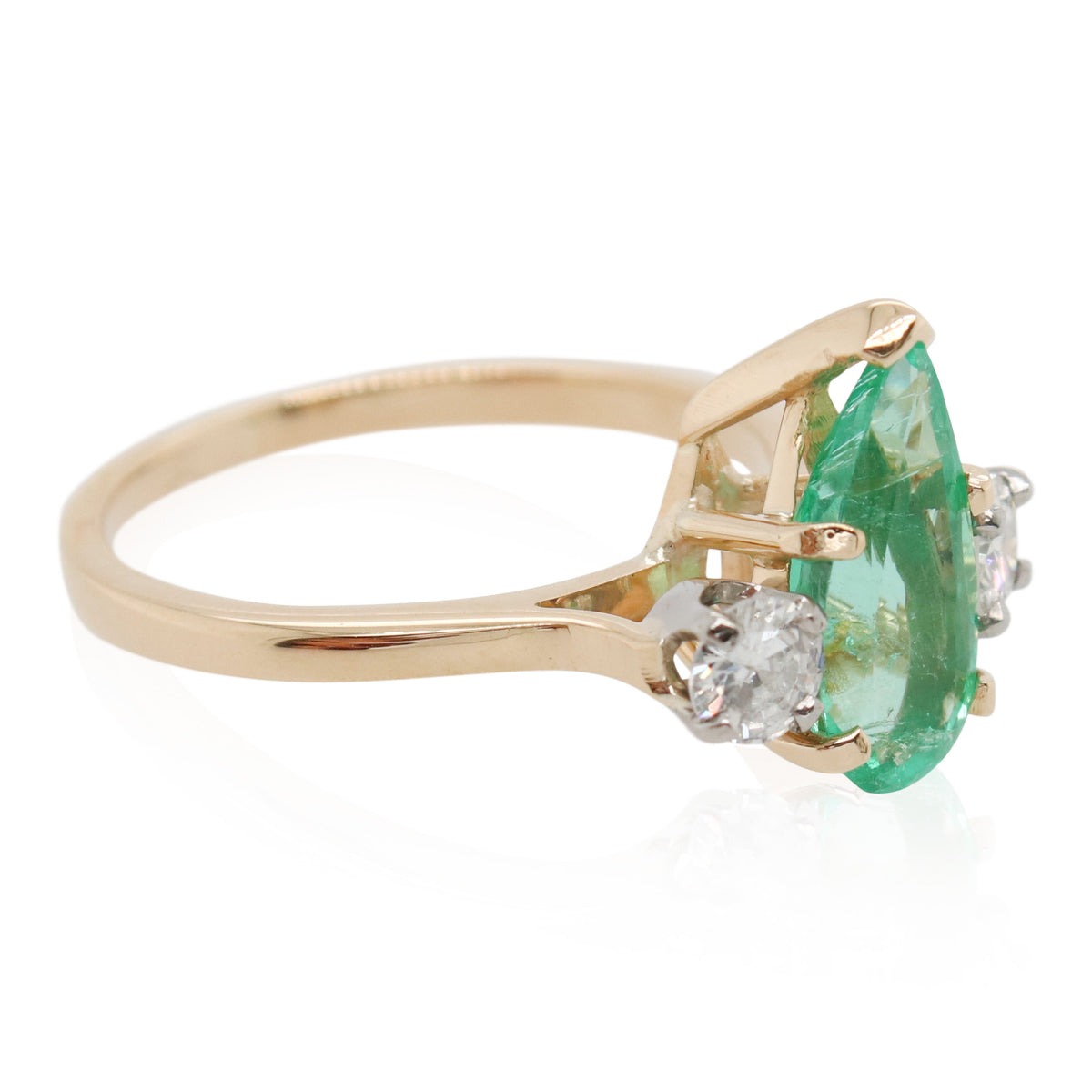 Estate 1.50ct Pear Shaped Emerald and Diamond 3 Stone Ring