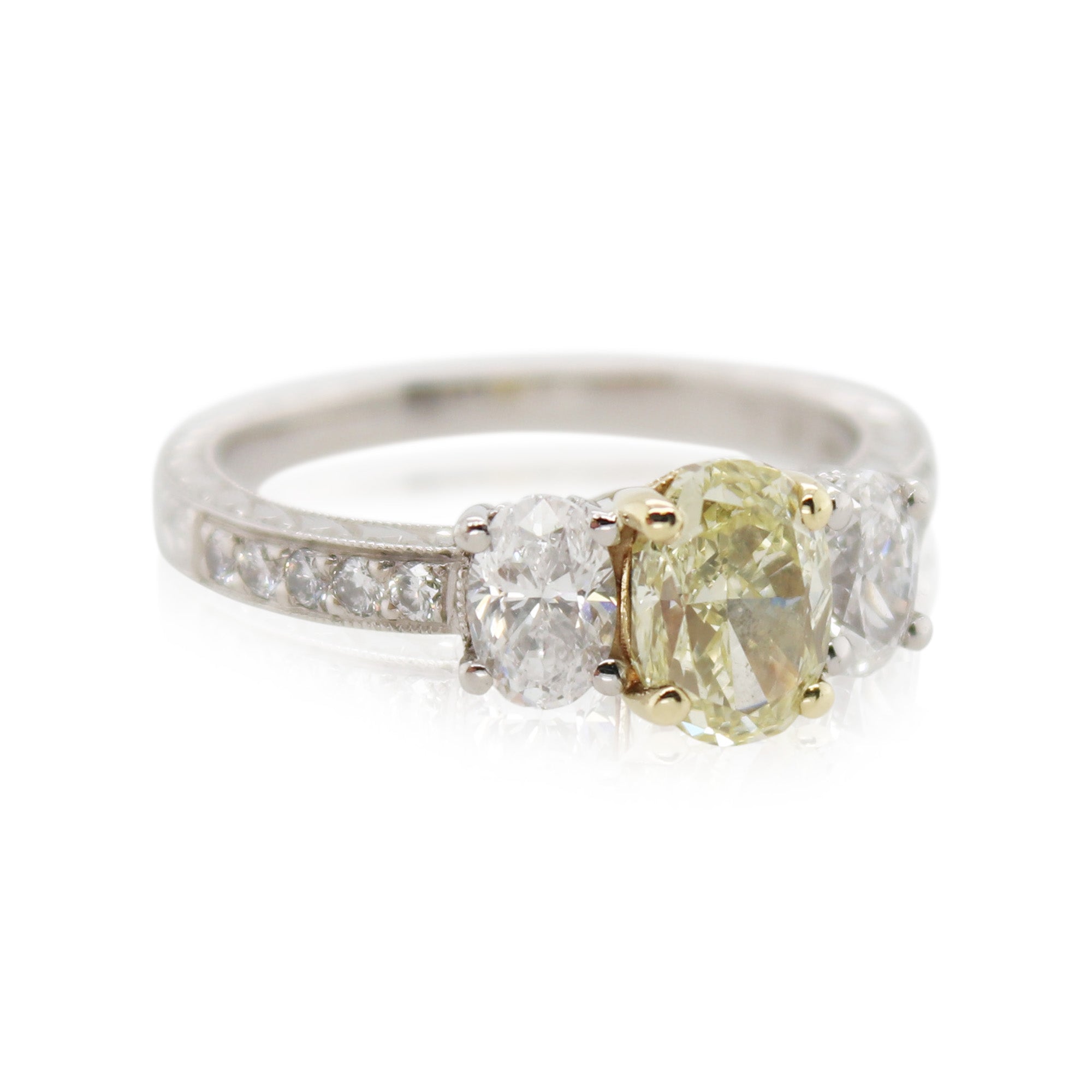 Estate Platinum Fancy Yellow Diamond 3 Stone Ring
